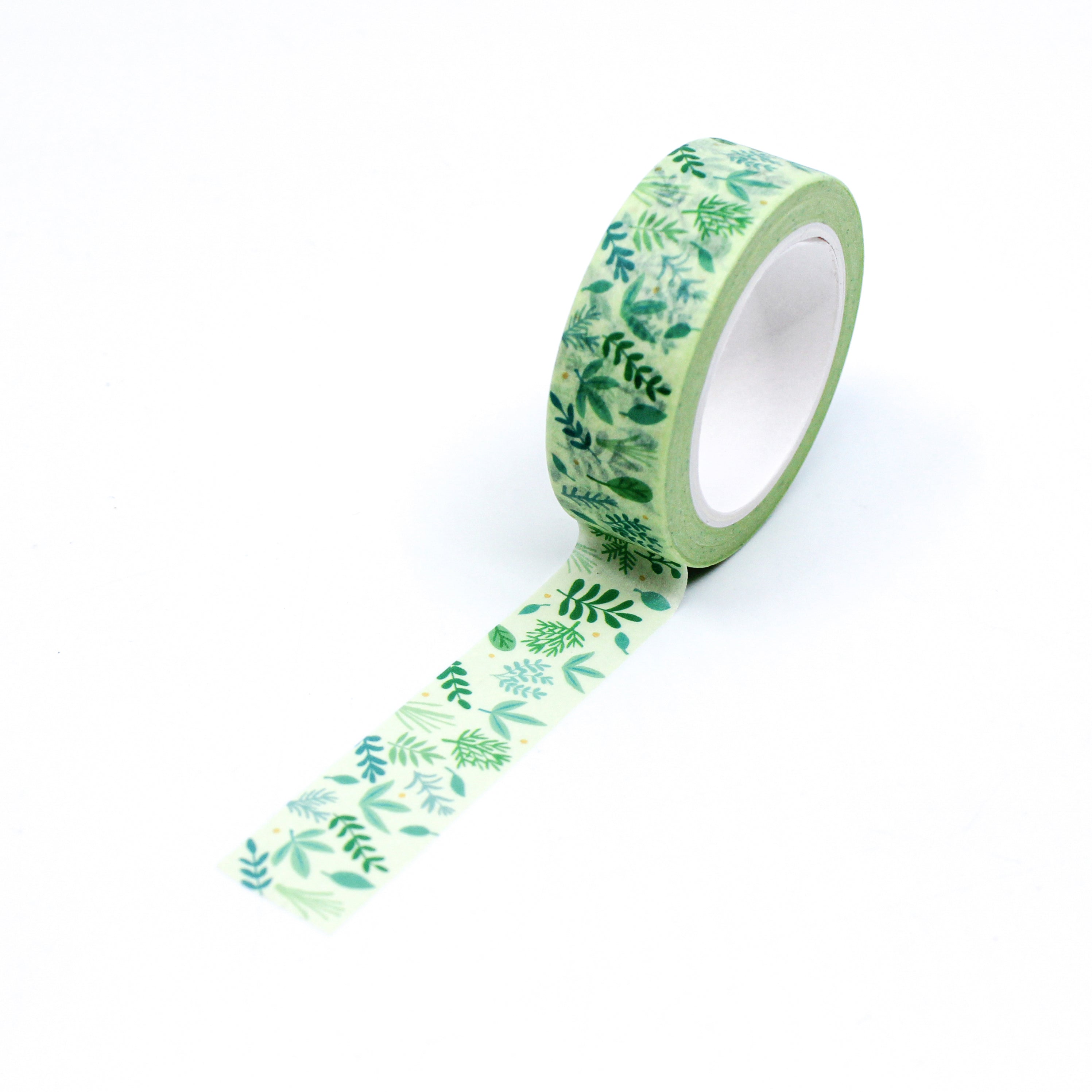 This is a repeat full pattern view of green leafy herbs pattern washi tape from BBB Supplies Craft Shop