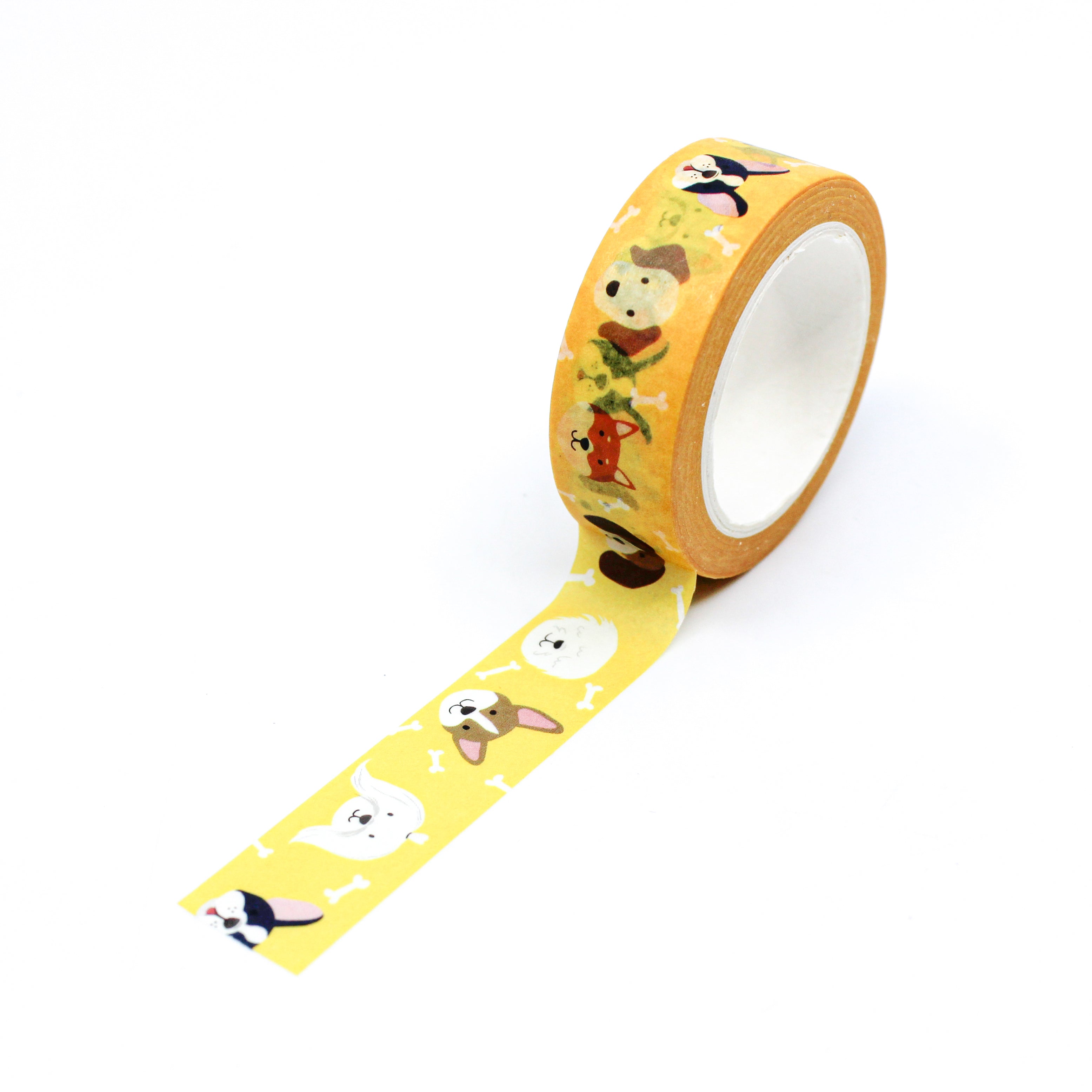 This is full pattern repeat view of dog faces in a yellow foil washi tape from BBB Supplies Craft Shop