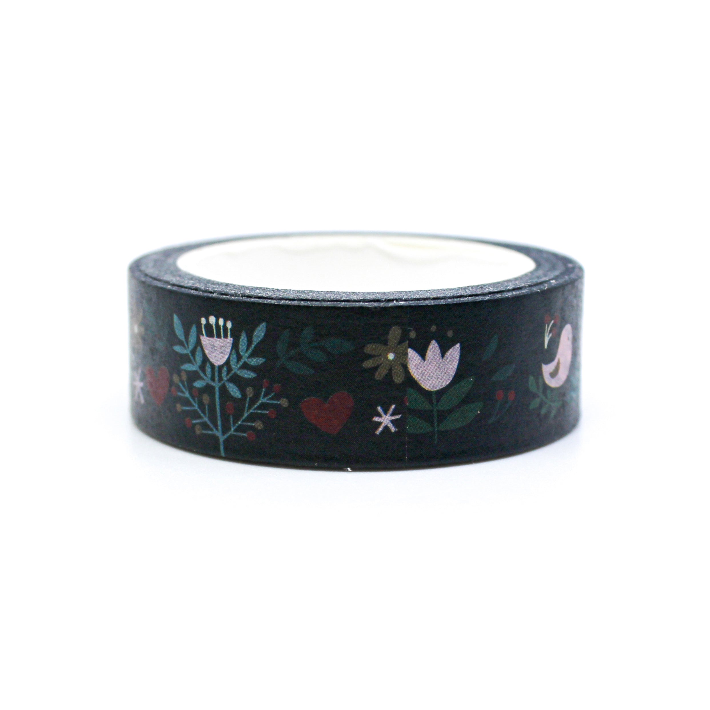 This is a view of green foil washi with white merry birds pattern paper tape from BBB Supplies Craft Shop