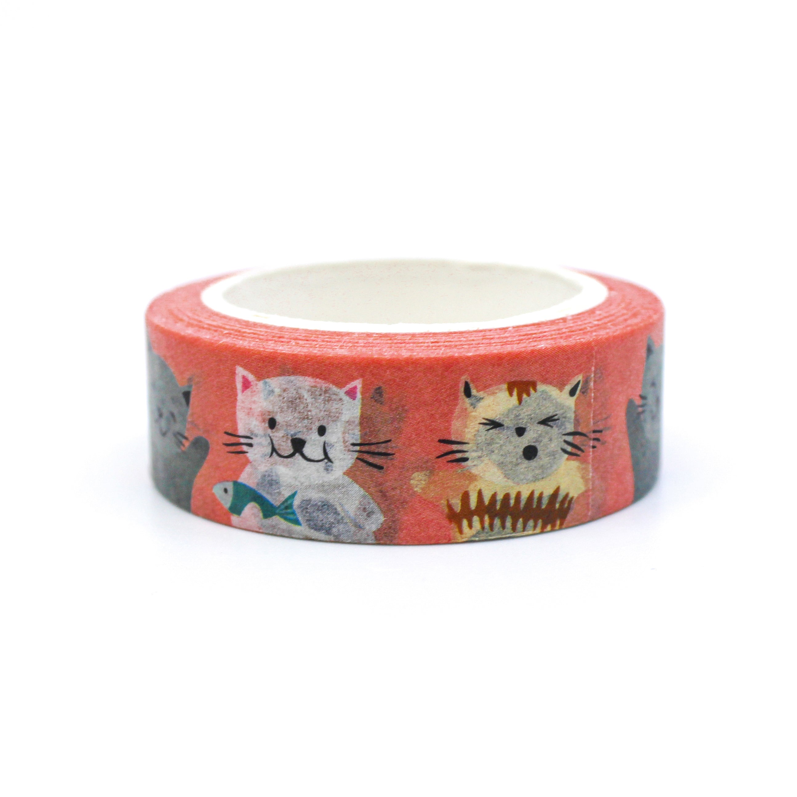 This is a cute view of an orange foil washi with various cat faces and fishes washi tape from BBB Supplies Craft Shop