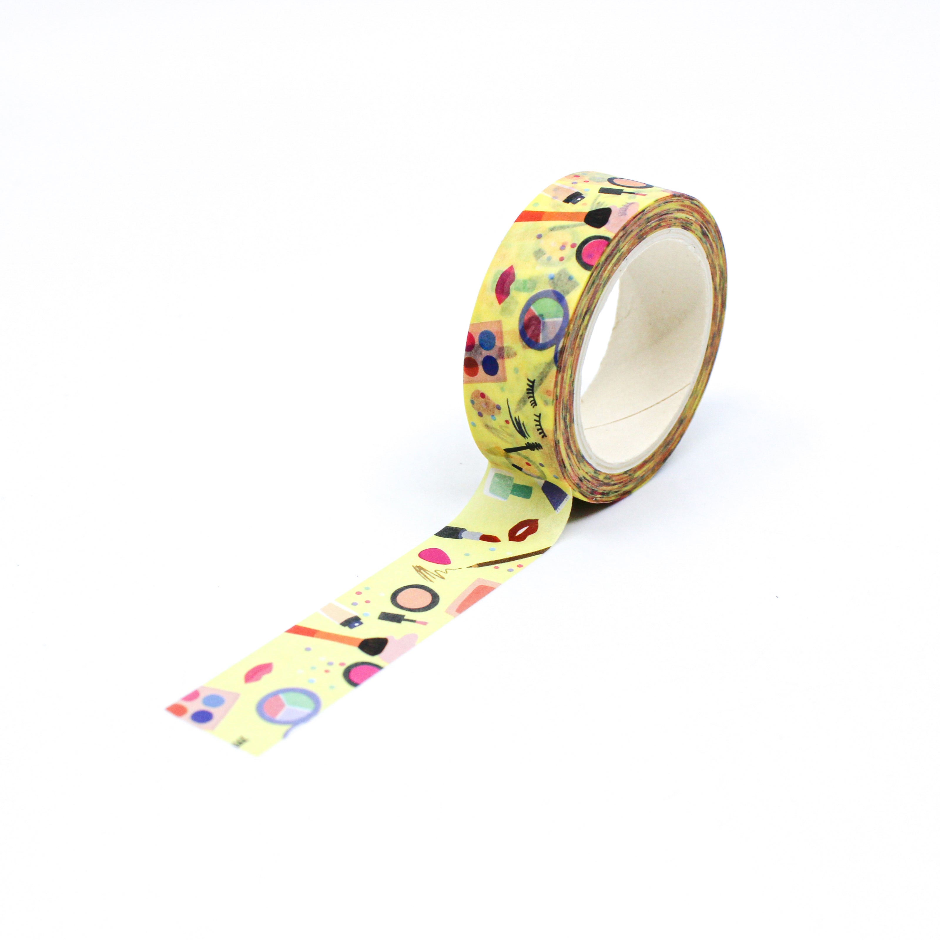 This is a full pattern repeat view of yellow foil makeup items and beauty products for ladies washi tape from BBB Supplies Craft Shop