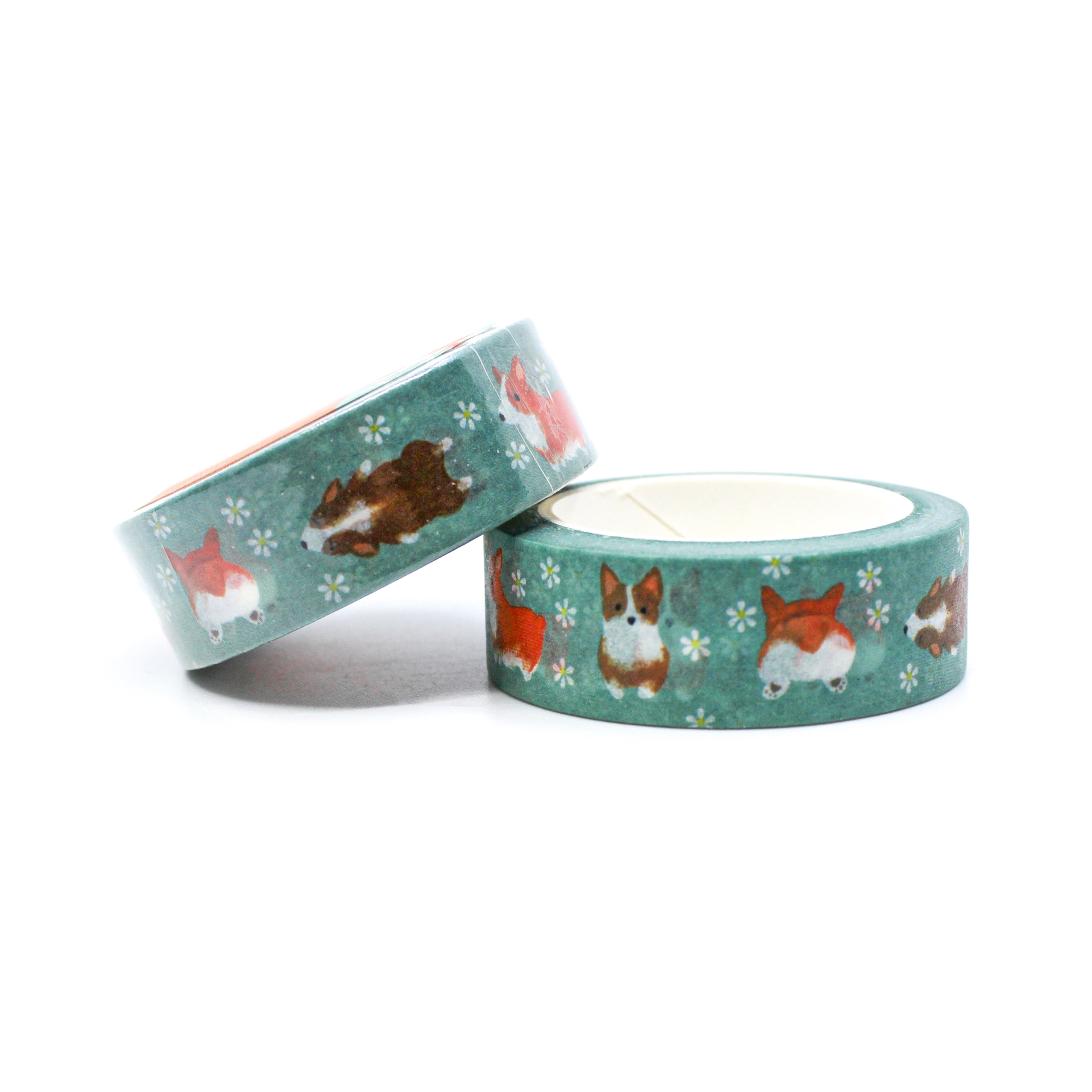 This is view of various corgi dogs in a green foil washi tape for Journal Supplies, Scrapbooking washi tapes from BBB Supplies Craft Shop