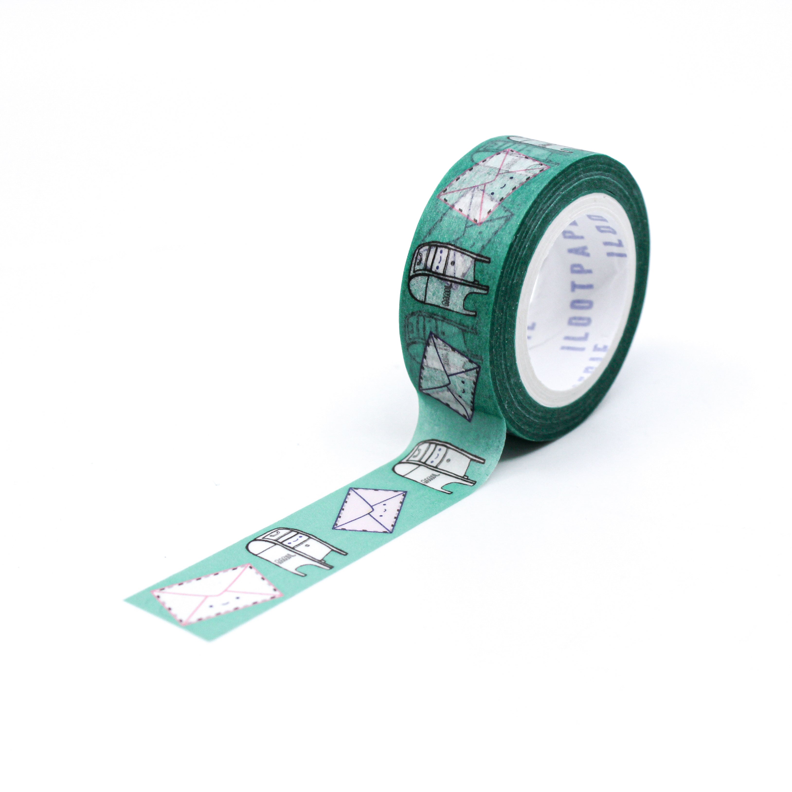 This is full pattern repeat view of happy letter green envelope snail mail collection washi tape from BBB Supplies Craft Shop