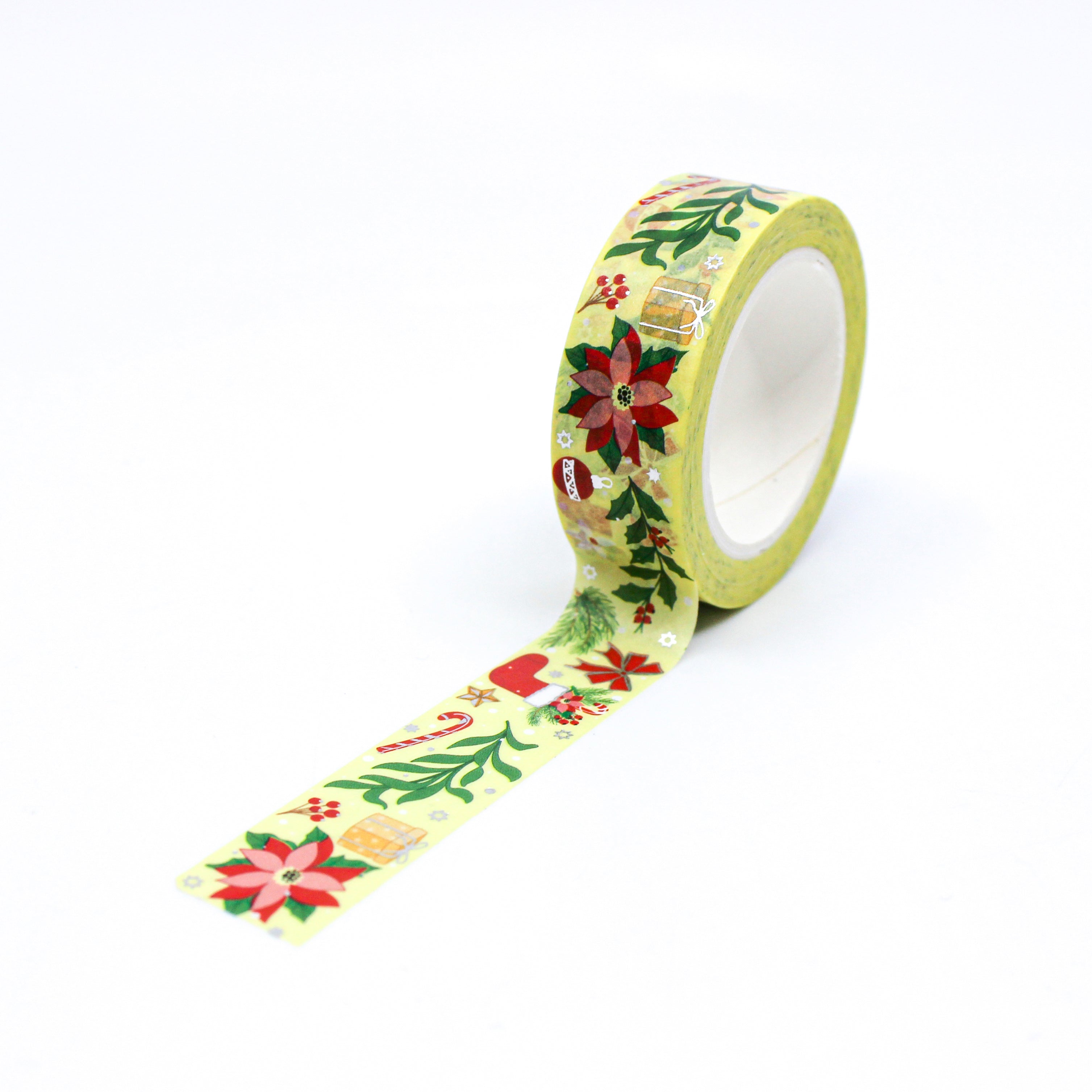 This is full pattern repeat of a warm yellow Holiday tape with silver foil accents that includes symbols of Stockings, Candy Canes, Poinsettias, and holiday foliage.