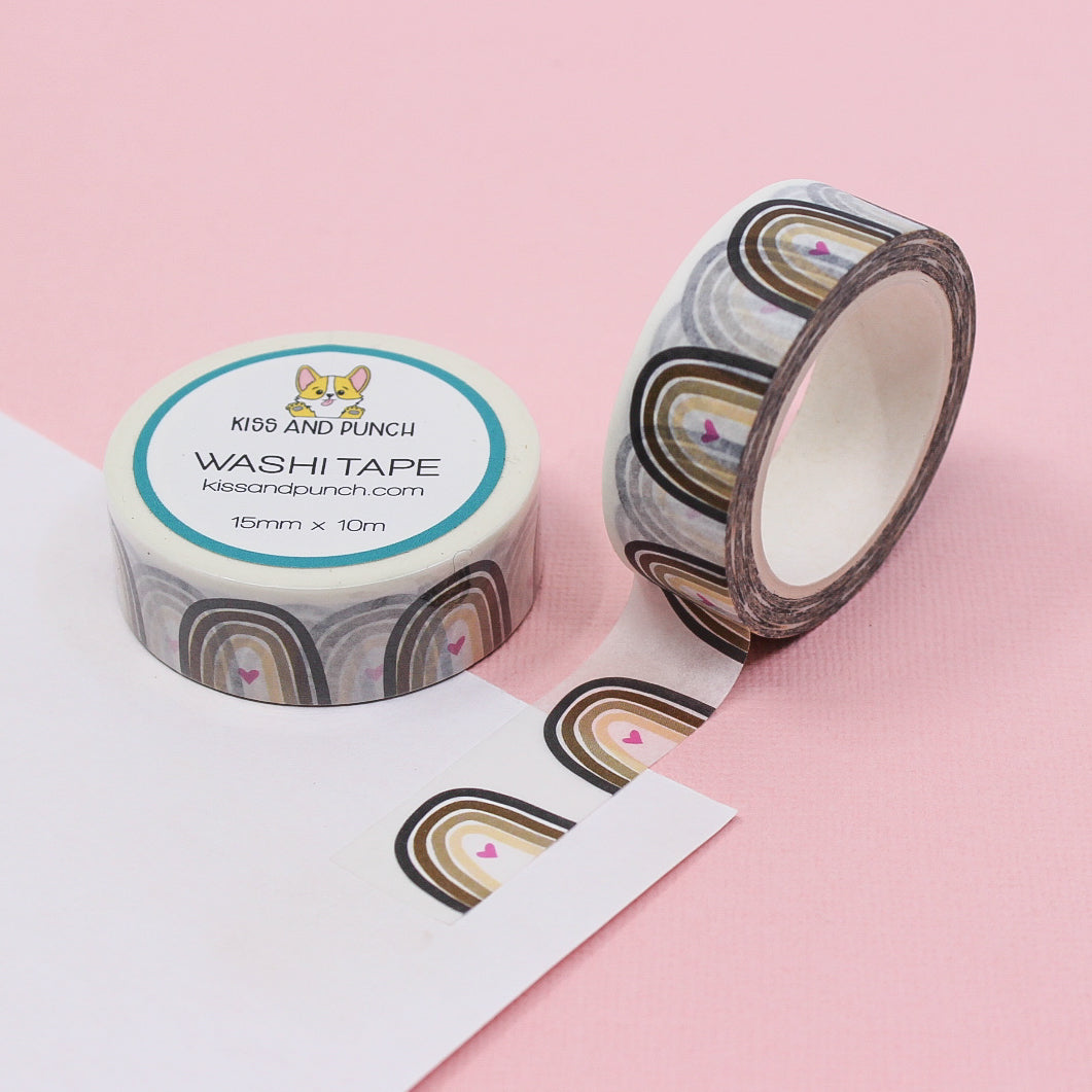 This tape is a modern rainbow using black, brown and tan neutral colors, making it perfect to work with any color or theme spread you may have. This tape is sold at BBB Supplies Craft Shop.