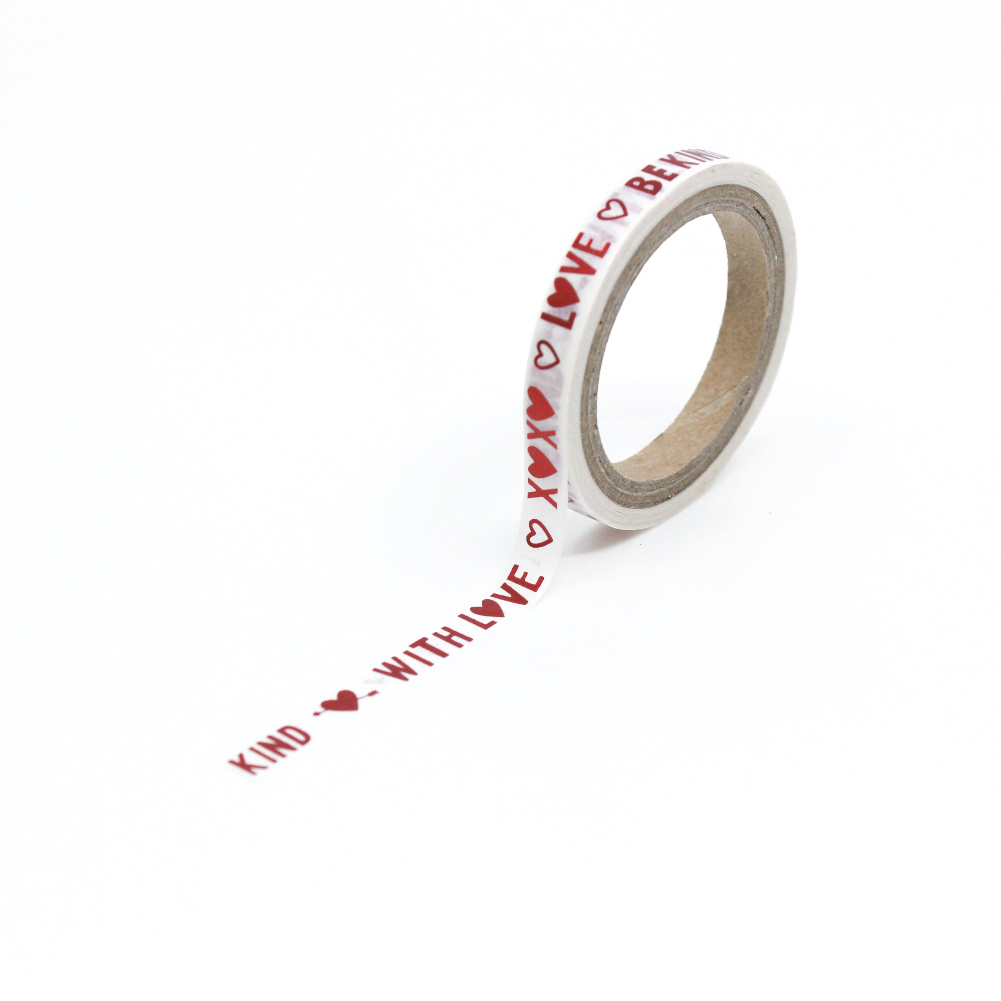 This is a full pattern repeat view of Be Kind, XOXO, Valentine's themed washi tape from BBB Supplies Craft Shop