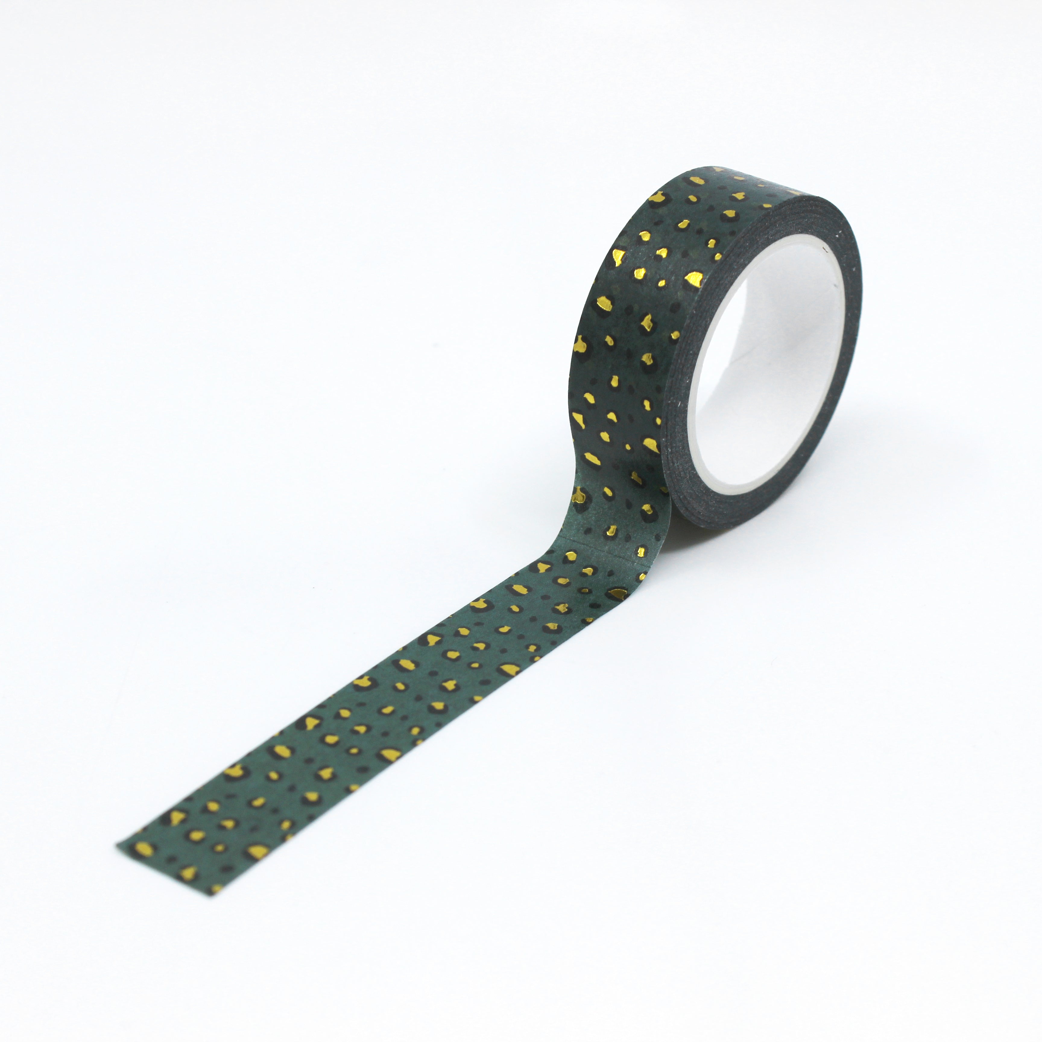 This is a full pattern repeat view of green gold leopard animal prints washi tape from BBB Supplies Craft Shop