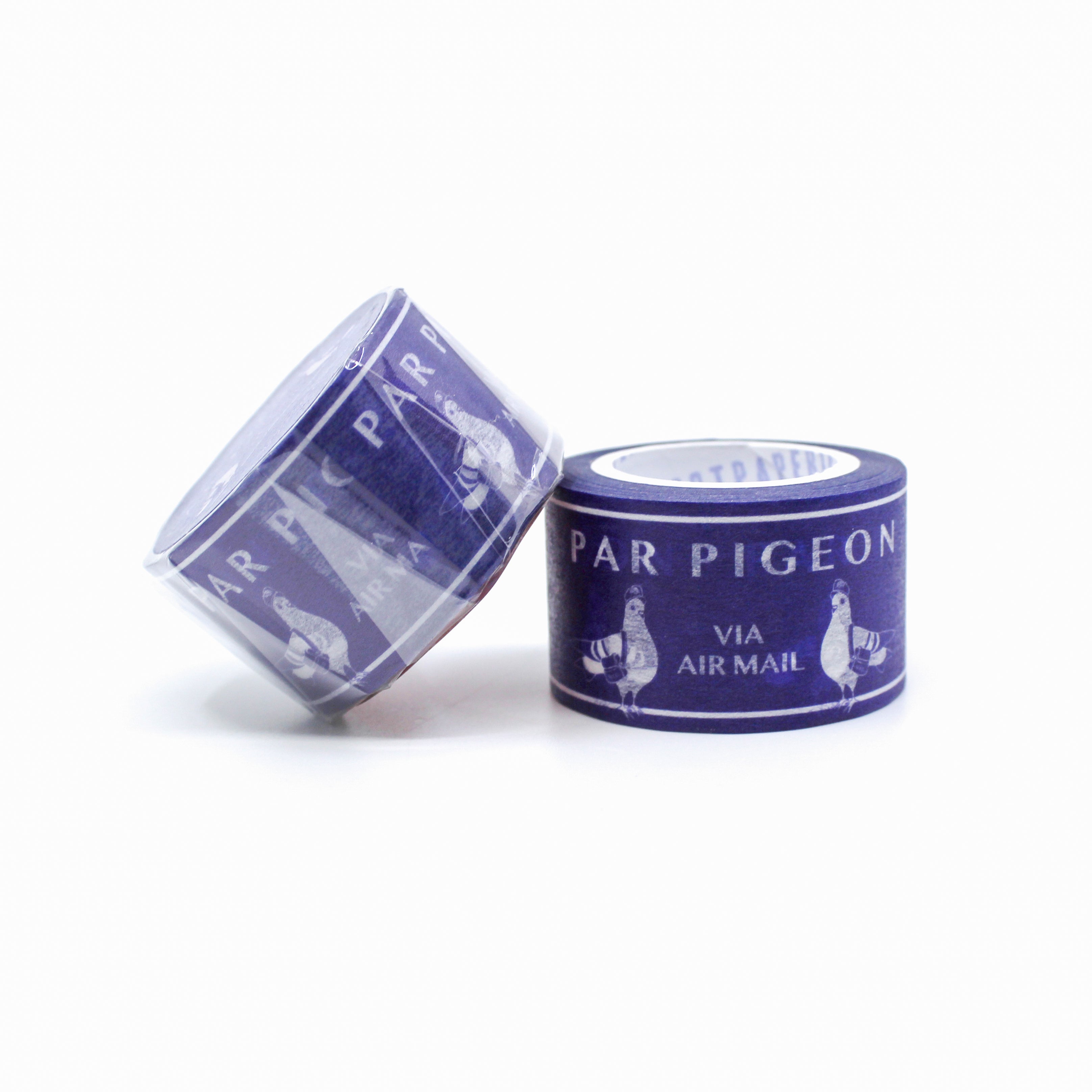 This is a roll of white pigeon with blue background snail mail washi tapes from BBB Supplies Craft Shop