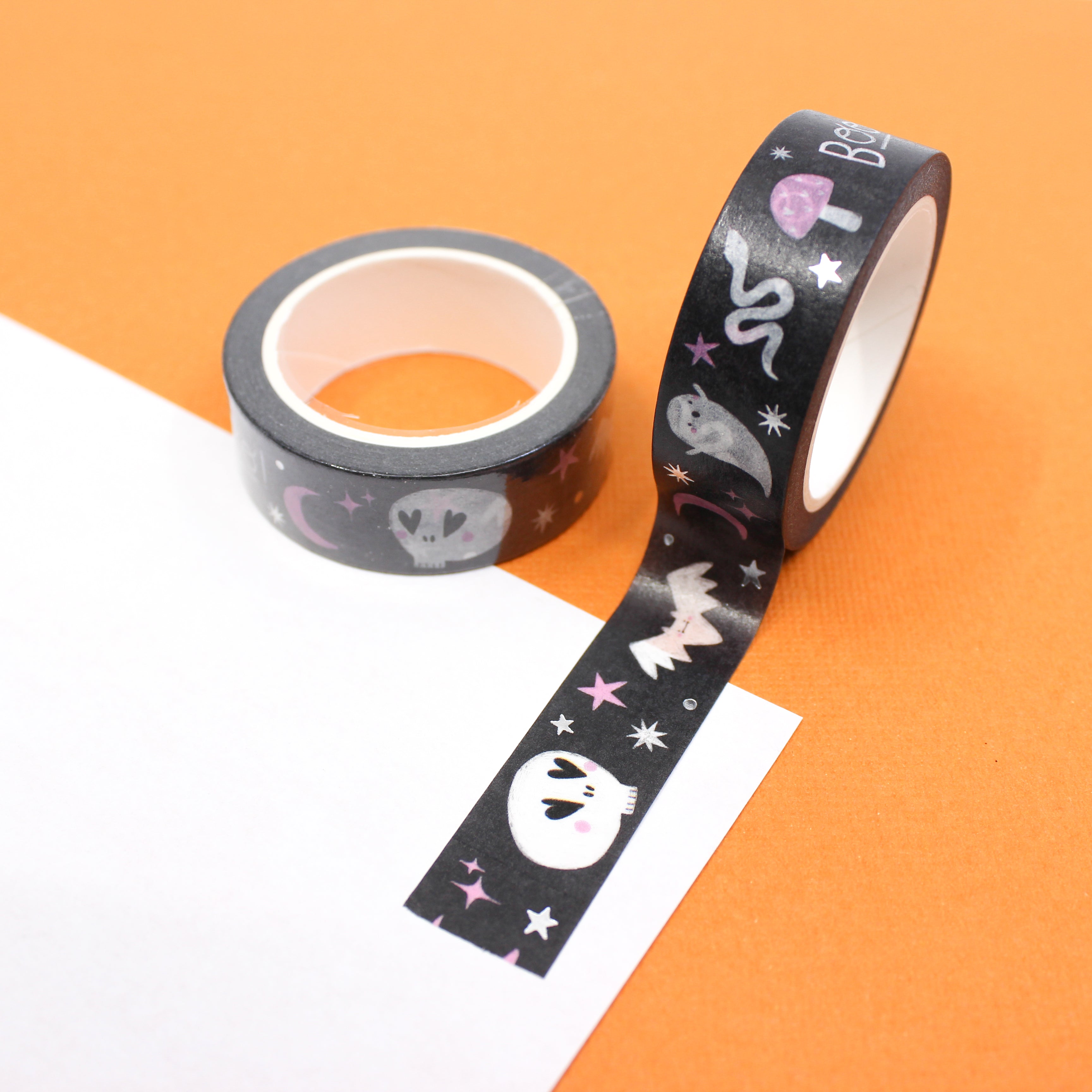 This is a photo of a black Halloween skull, bat, moon, snake, ghost and mushroom themed washi tape from BBB Supplies Craft Shop