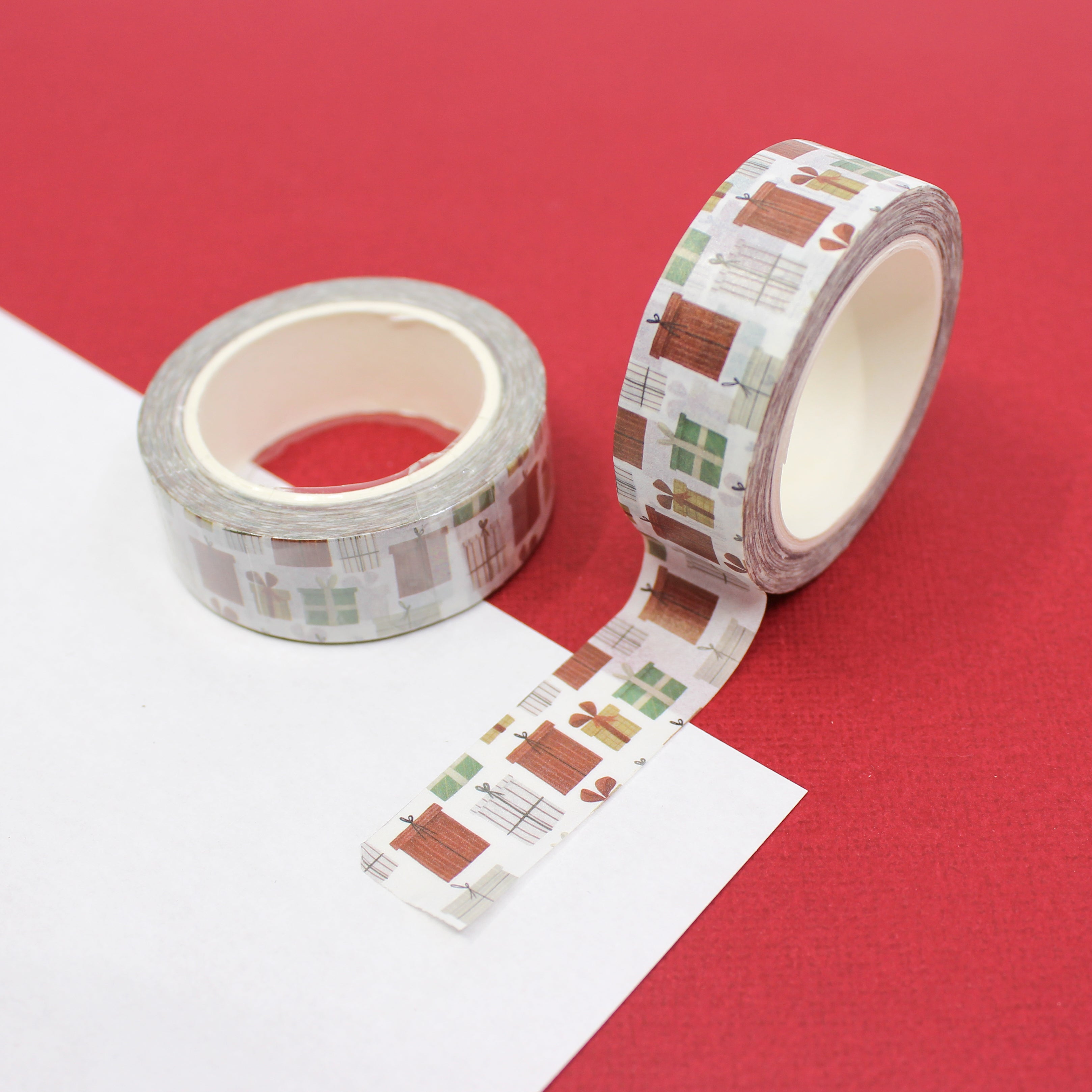 Modern Christmas gifts and presents washi tape with muted holiday colors from BBB Supplies Craft Shop.