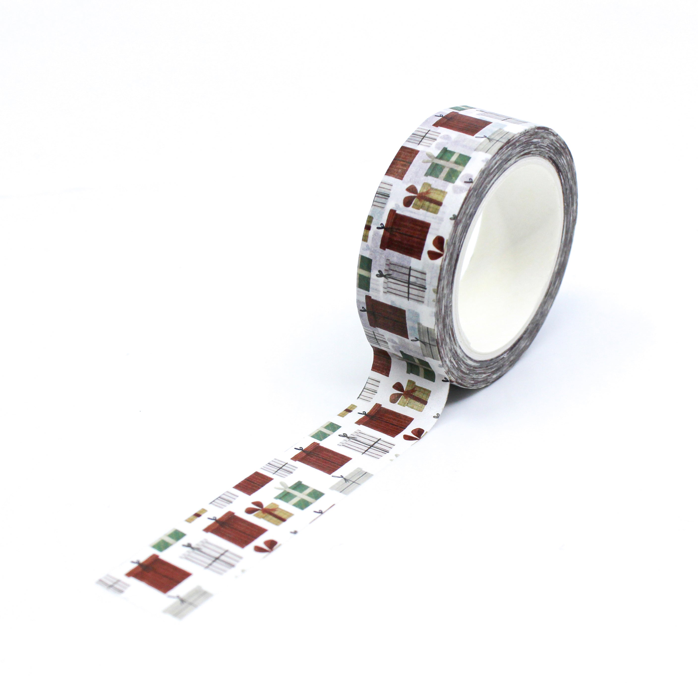 Modern Christmas gifts and presents washi tape with muted holiday colors from BBB Supplies Craft Shop.