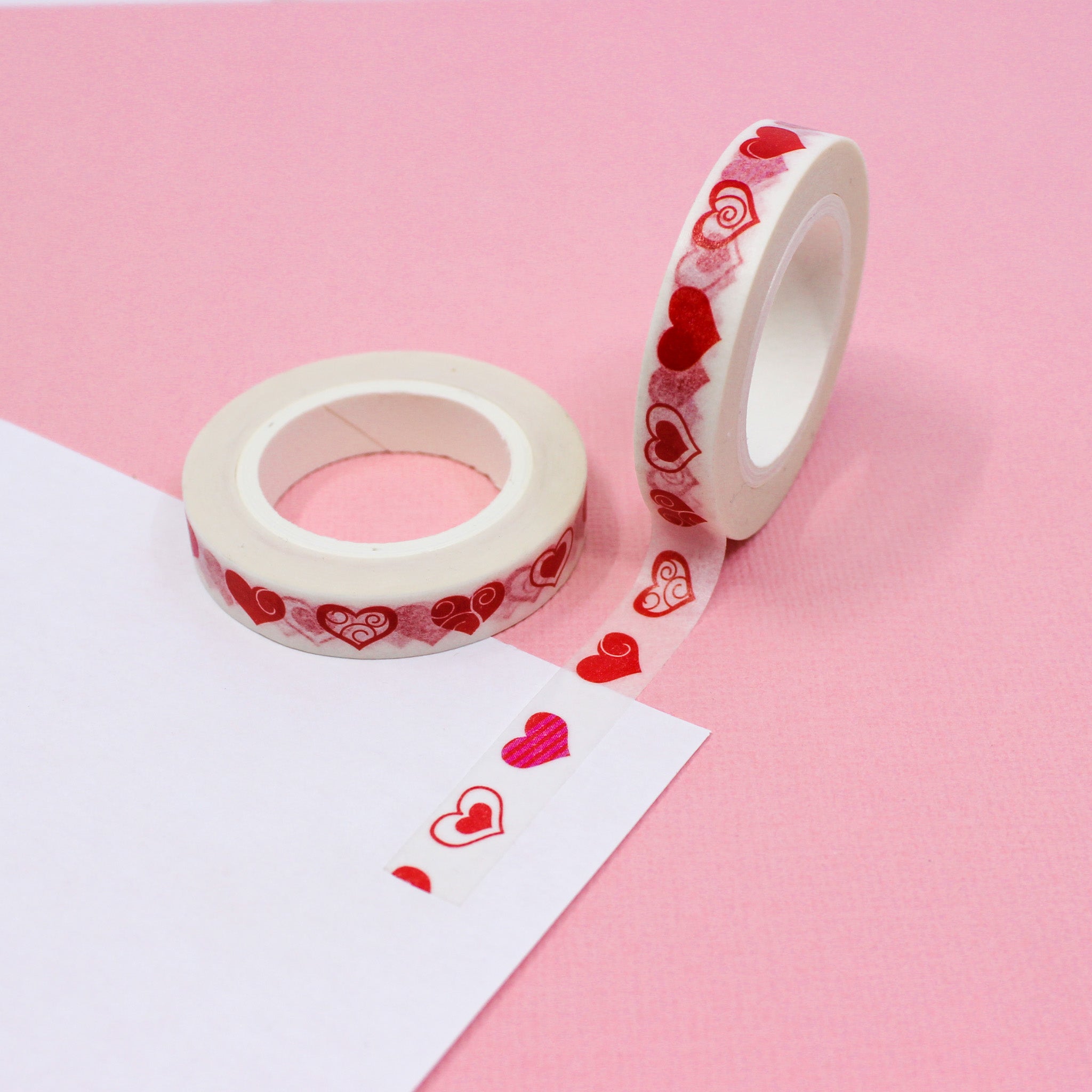 Narrow Red heart patterned washi tape. Perfect for valentines, wedding, and planner and journaling family love. This tape is sold at BBB Supplies Washi Tape Shop.
