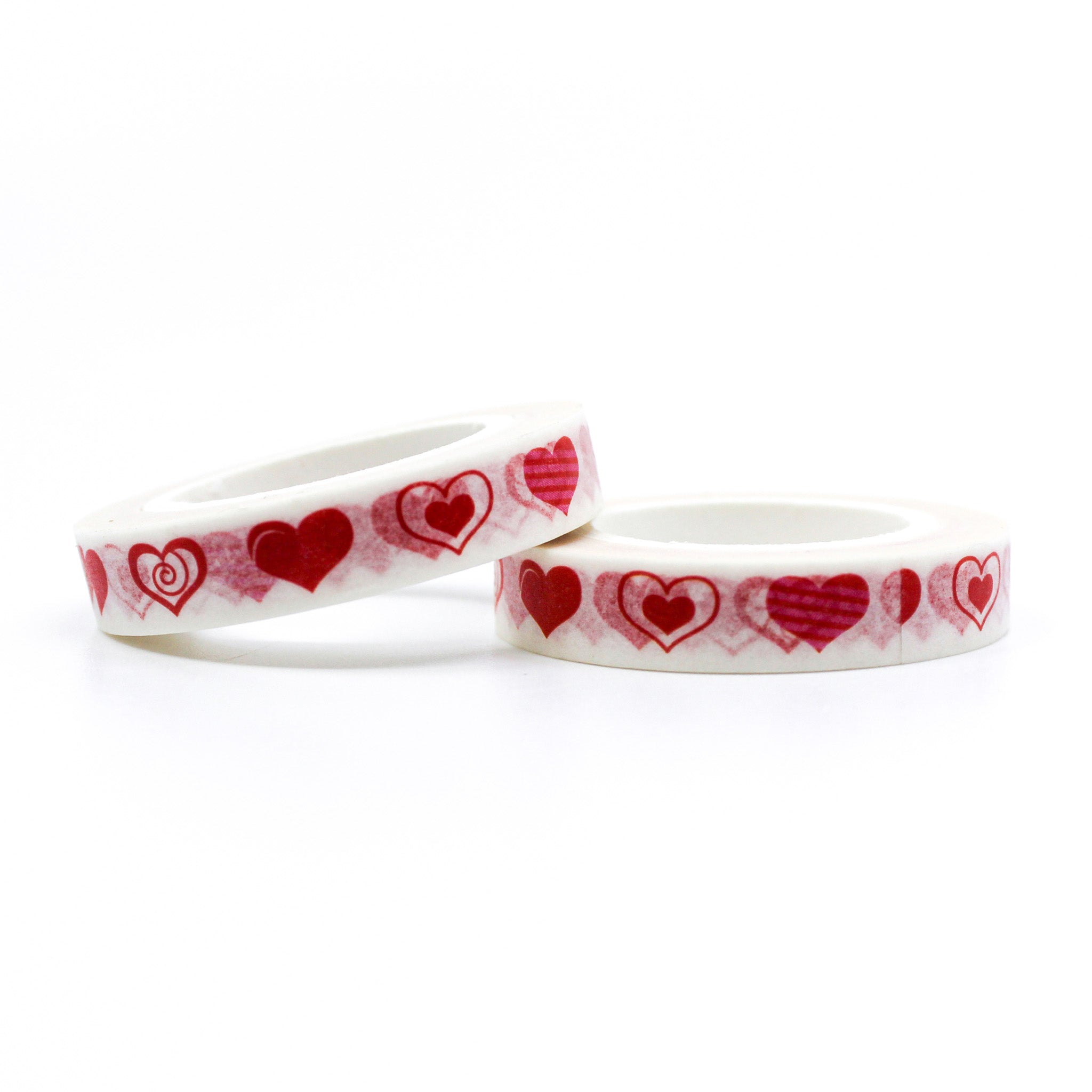 Narrow Red heart patterned washi tape. Perfect for valentines, wedding, and planner and journaling family love. This tape is sold at BBB Supplies Washi Tape Shop.