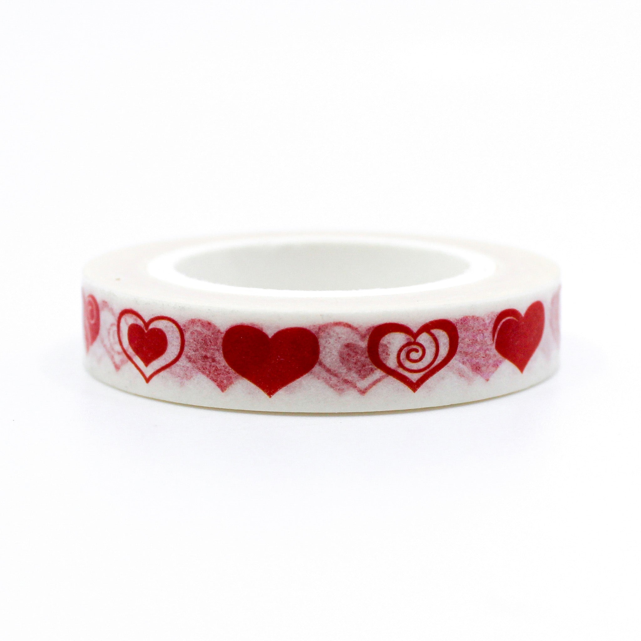 Narrow Red heart patterned washi tape. Perfect for valentines, wedding, and planner and journaling family love. This tape is sold at BBB Supplies Washi Tape Shop.