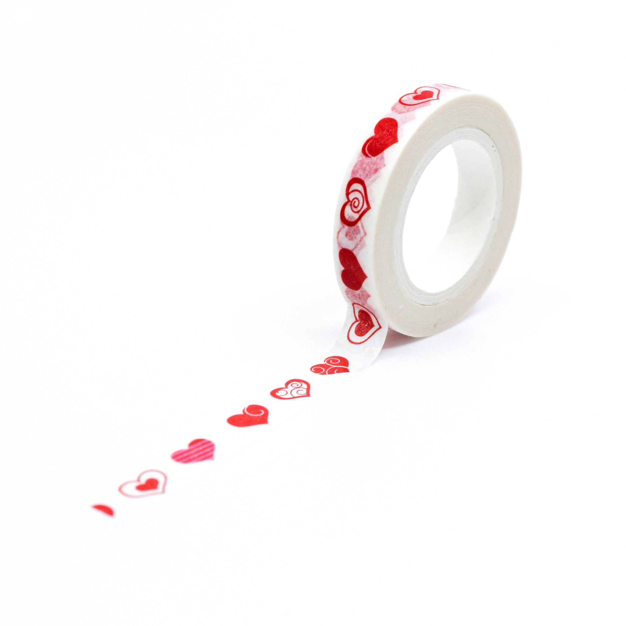 Narrow Red heart patterned washi tape. Perfect for valentines, wedding, and planner and journaling family love. This tape is sold at BBB Supplies Washi Tape Shop.