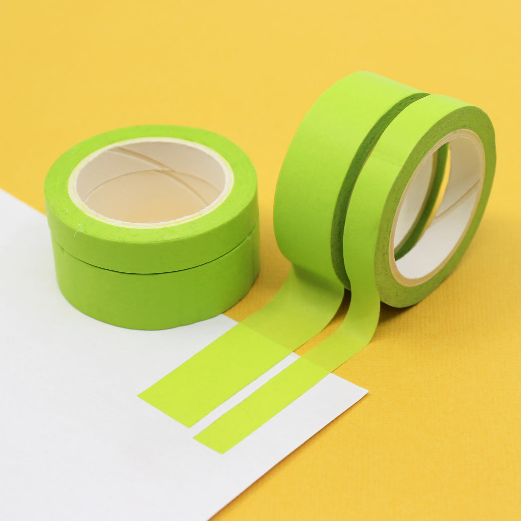 This neon lime green washi tape is vibrant and fun. This washi tape is part of our solid neon thick-thin matching duo washi collection. Find the perfect color for any project in BBB Supplies' thick-thin solids collection, from neon to neutral to pastel and more. This tape is sold at BBB Supplies Craft Shop.