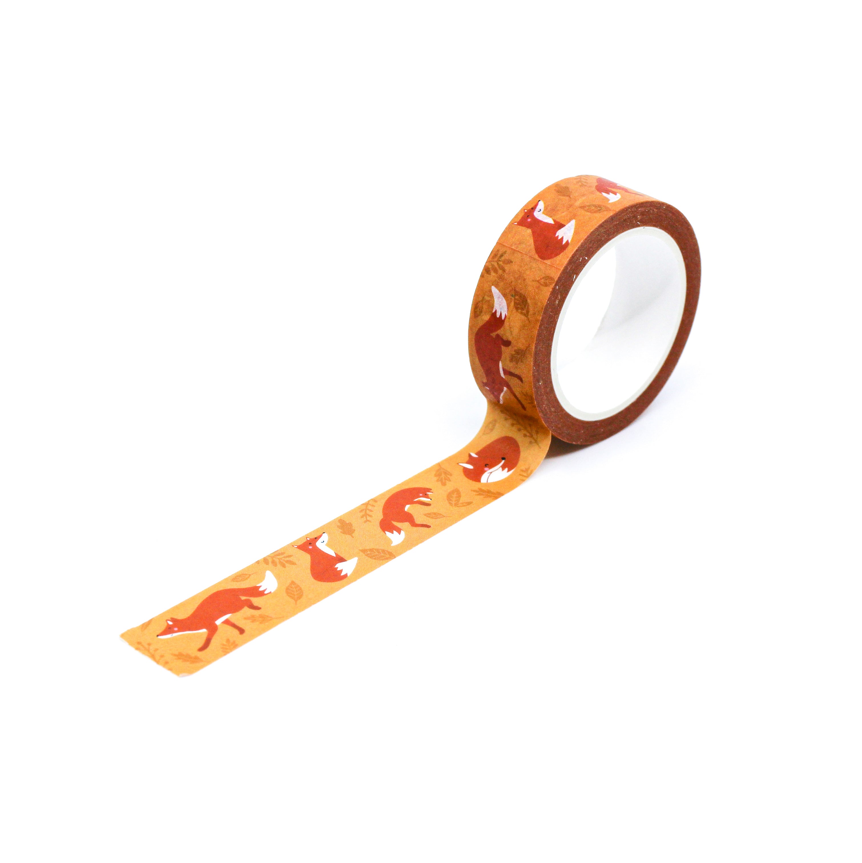 This is a full pattern repeat view of orange fox in autumn season washi tape from BBB Supplies Craft Shop