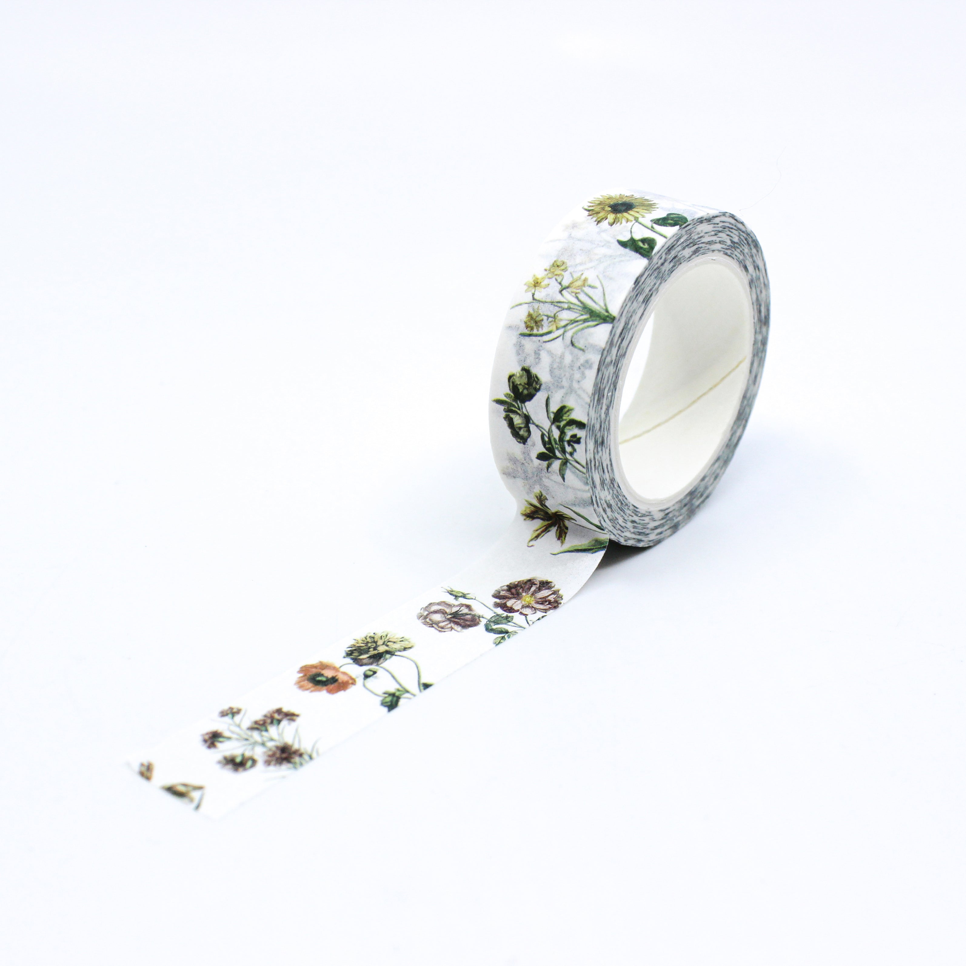 This is a full pattern repeat view of simple botanical flowers washi tape from BBB Supplies Craft Shop