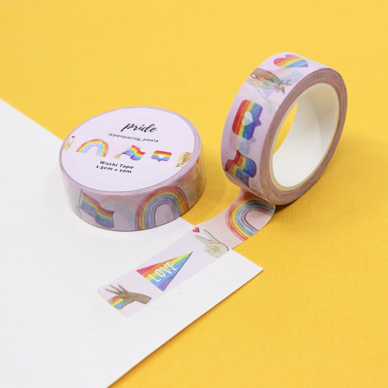 This washi tape features Pride symbols that show love is love. The rainbow pride flag, rainbow hearts and other pride symbols are perfect for your pride celebration. This tape is sold at BBB Supplies Craft Shop.