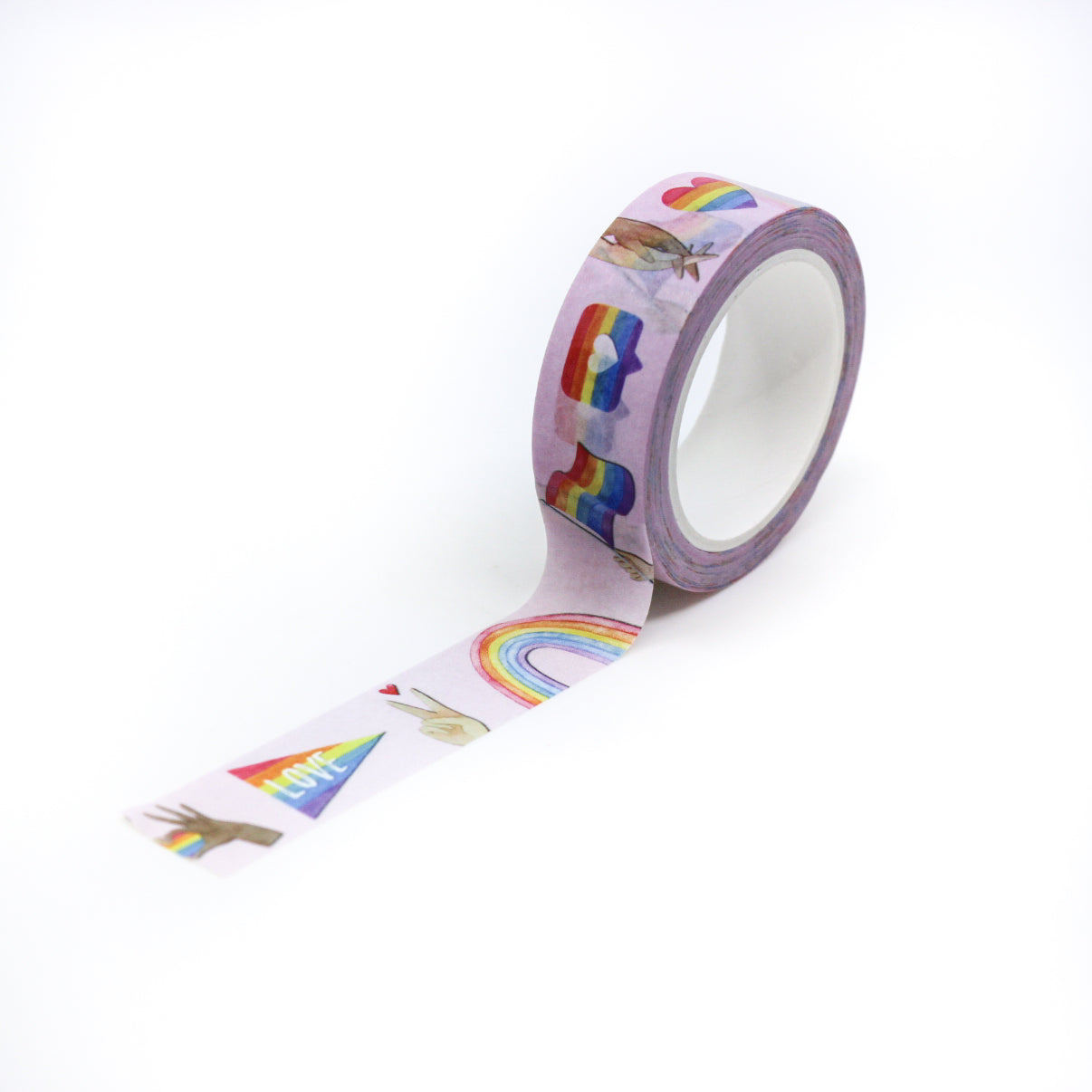 This washi tape features Pride symbols that show love is love. The rainbow pride flag, rainbow hearts and other pride symbols are perfect for your pride celebration. This tape is sold at BBB Supplies Craft Shop.