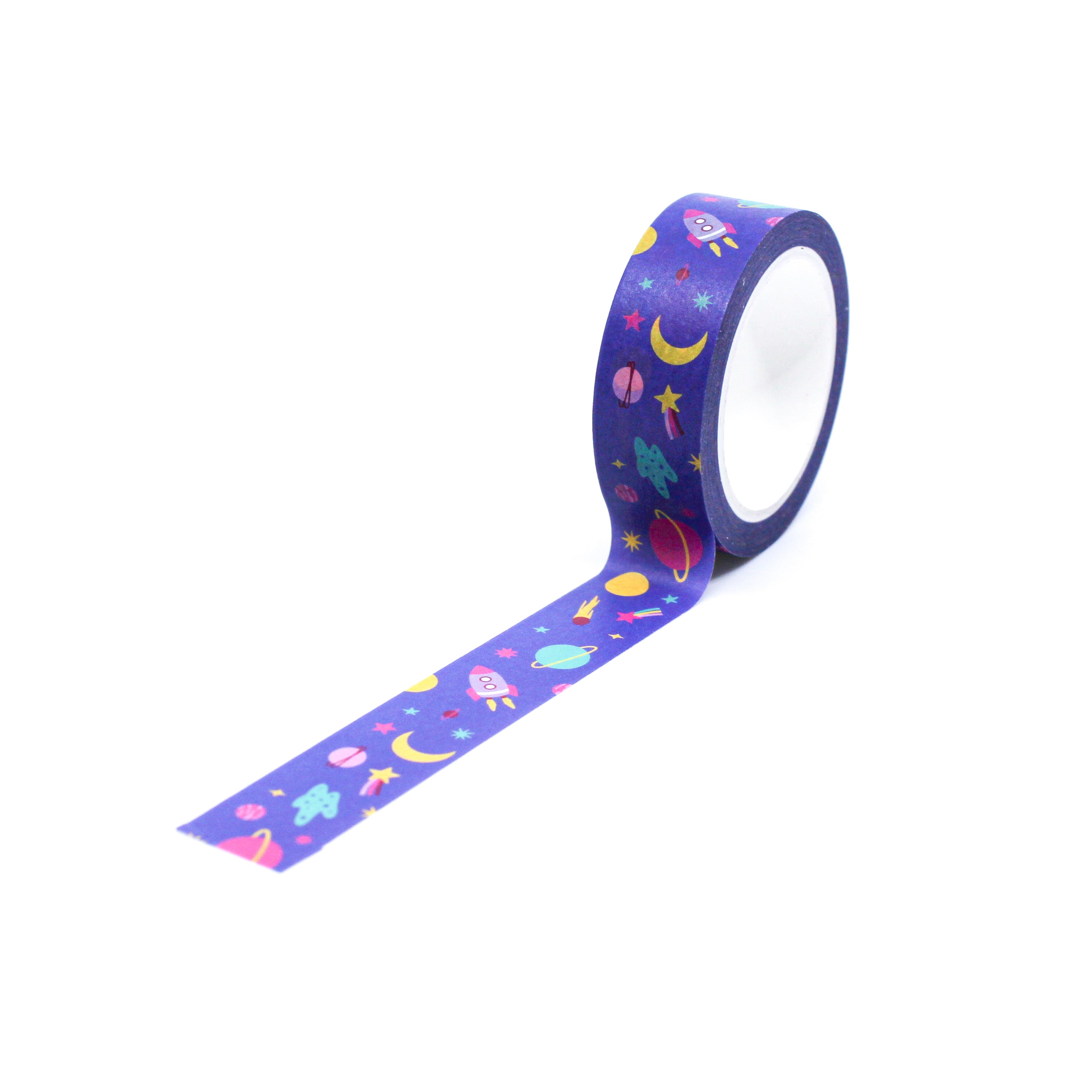 This picture is of a roll of purple washi tape that features an outer space themed items with planets, rocket ship, comets, stars and the moon from BBB Supplies craft and journaling Supply Shop.