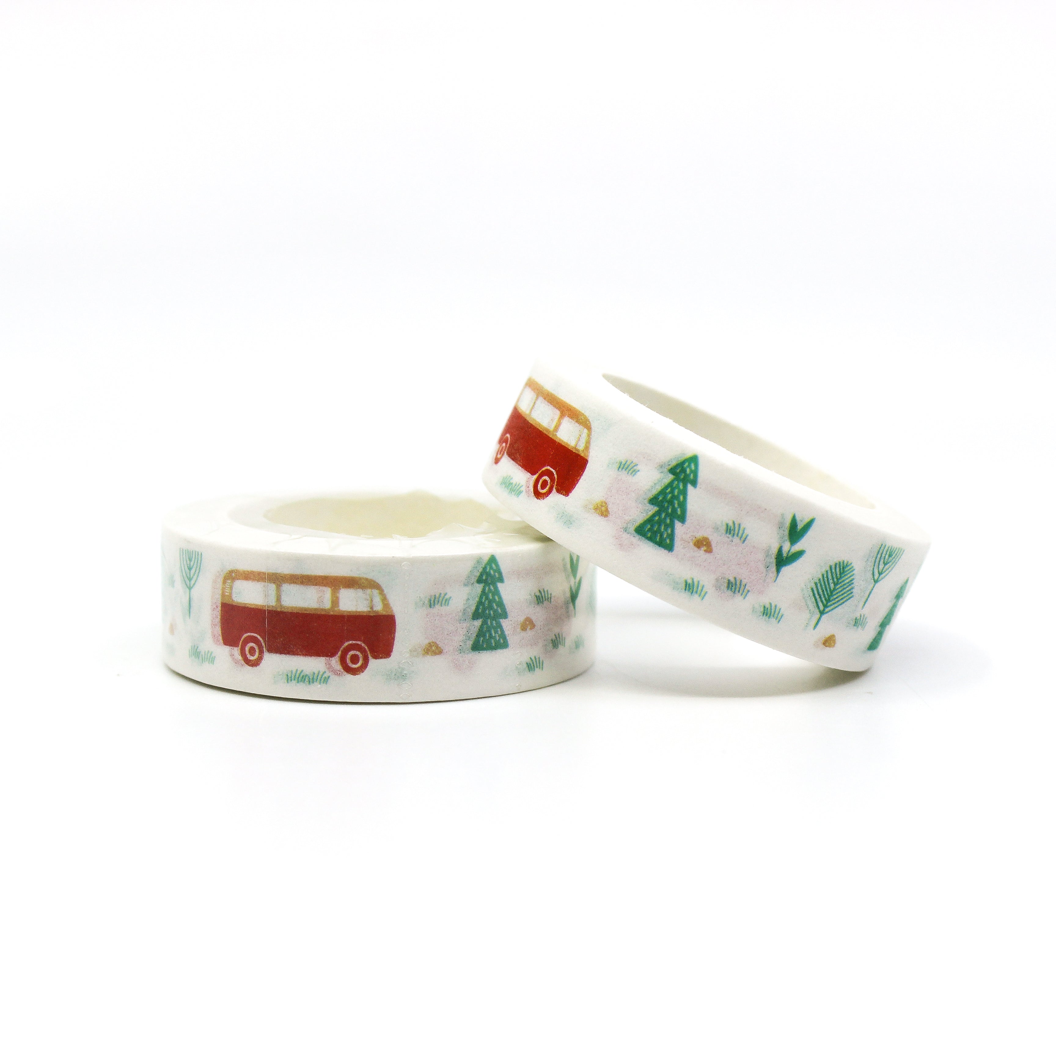 This is a orange retro VW style bus drives through a green tree forest scape themed view of washi tapes from BBB Supplies Craft Shop