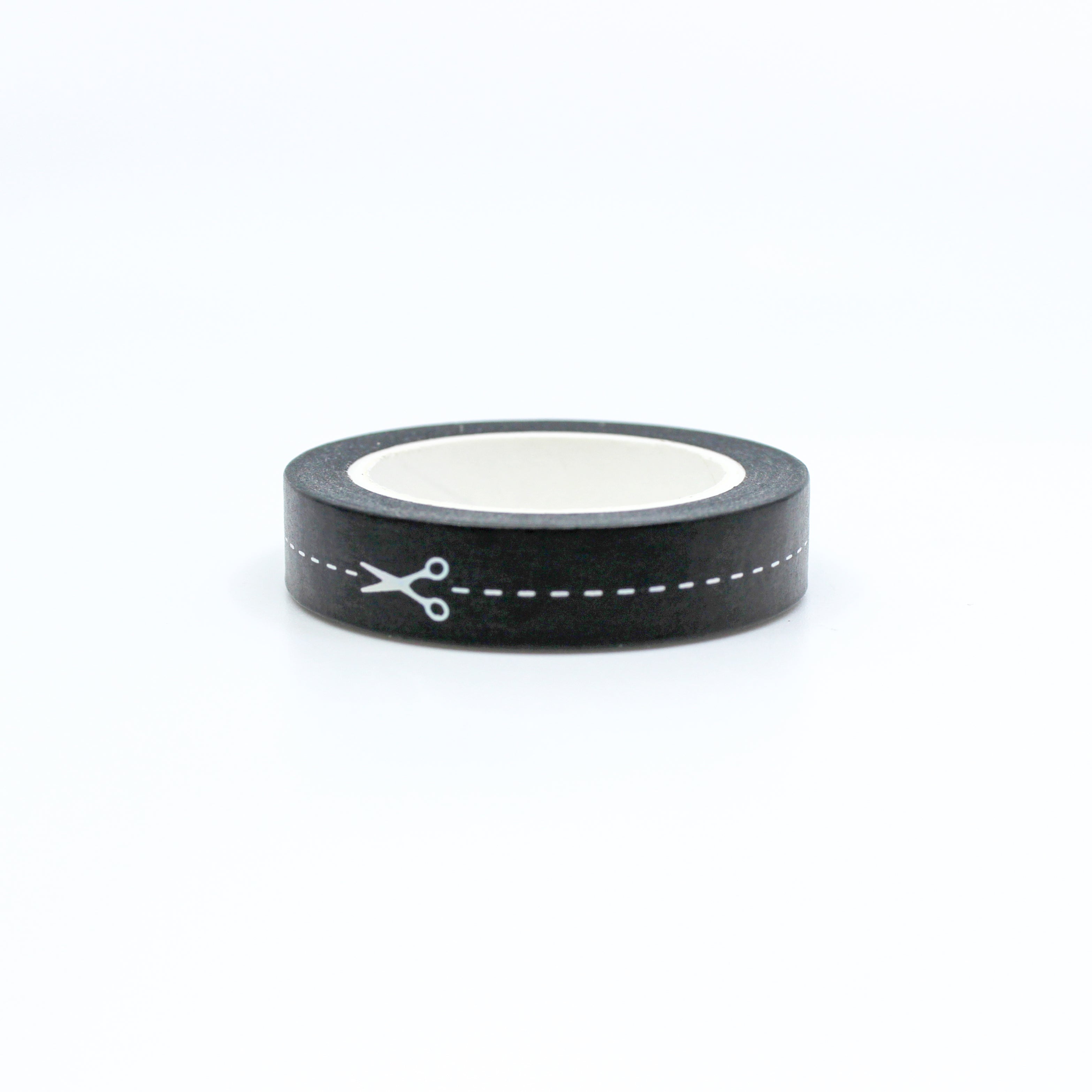 This is a view of elegant black and silver thin scissors with dashed lines pattern washi tape from BBB Supplies Craft Shop