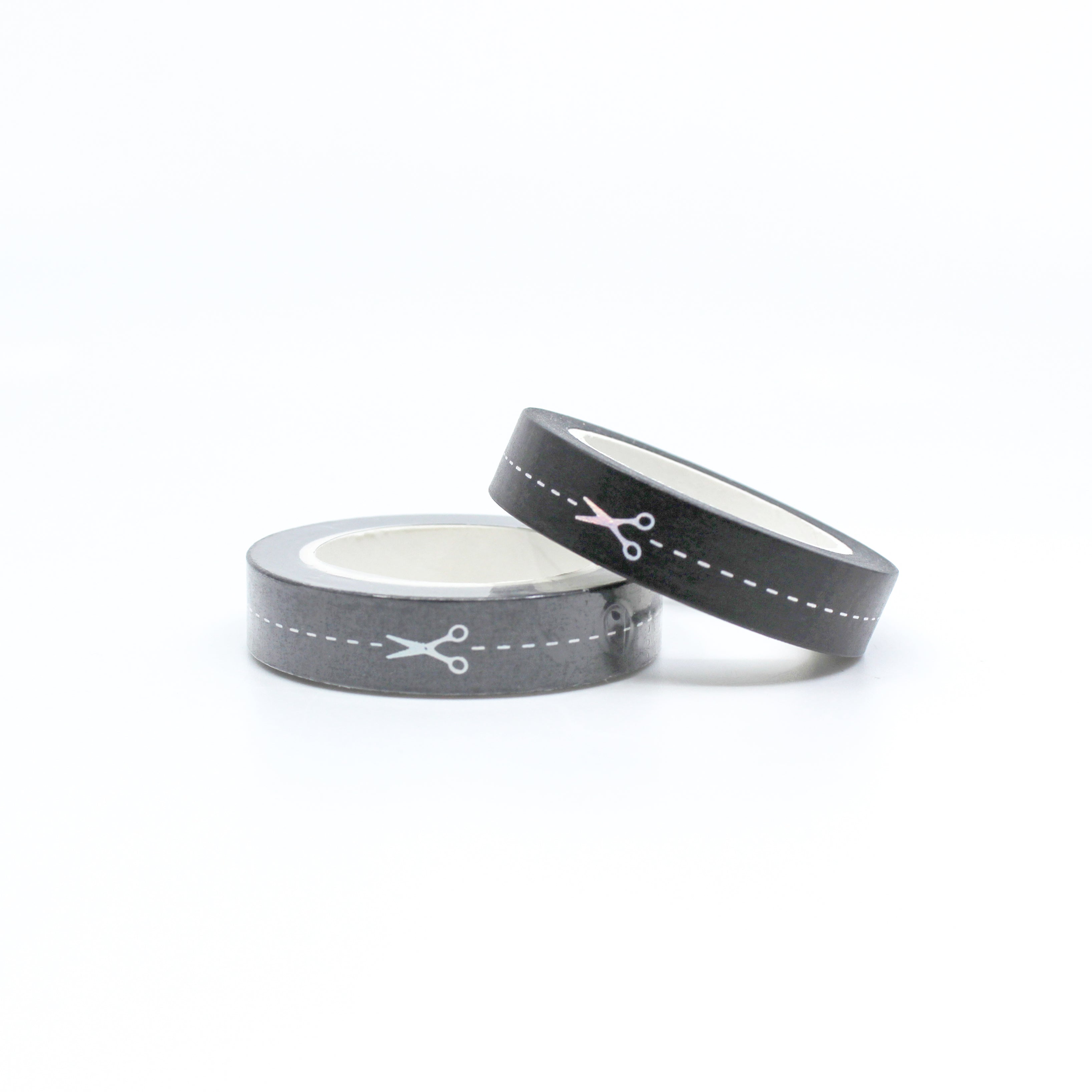 This is a view of unique black and silver thin scissors with straight dashed lines pattern washi tape from BBB Supplies Craft Shop for Journal Supplies, Scrapbooking washi tapes from BBB Supplies Craft Shop