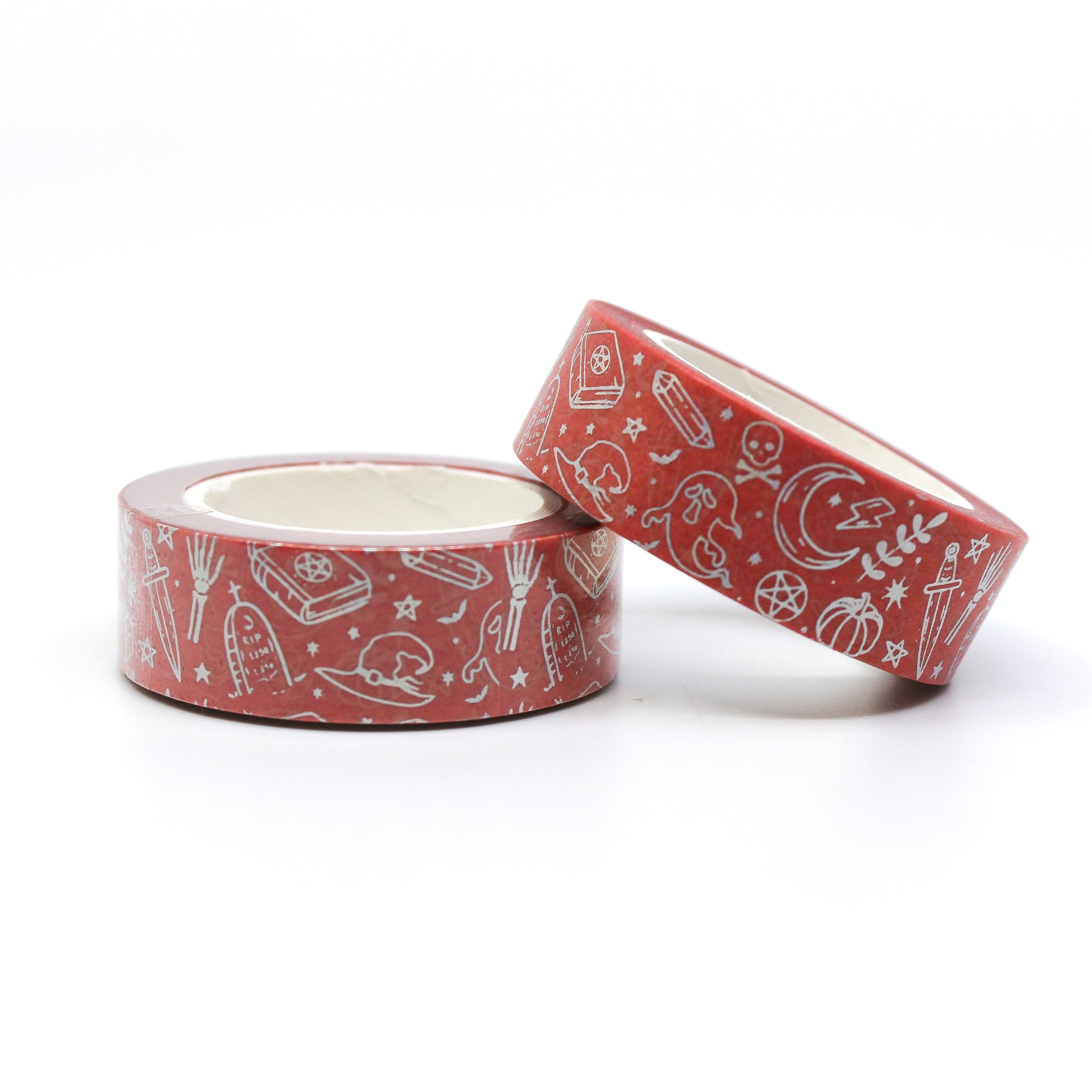 This is a Halloween silver and white background of spooky ghosts themed view of washi tapes from BBB Supplies Craft Shop