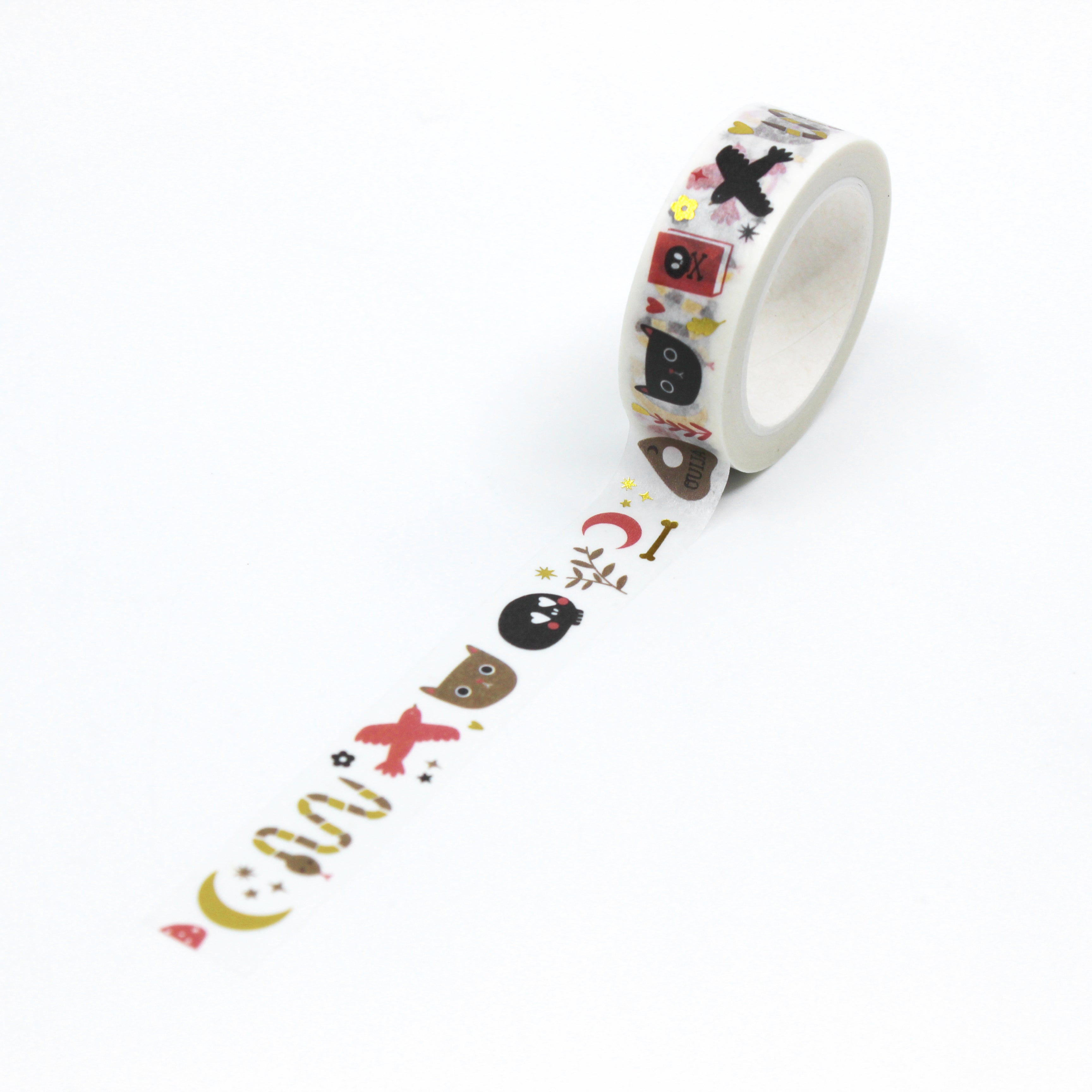 Mystical symbols washi tape featuring a pattern that includes fortune teller's ball, Ouija Planchette, heart skull, snake, crescent moon and more with an autumn orange palette and gold foil accents. This washi tape is available at BBB Supplies