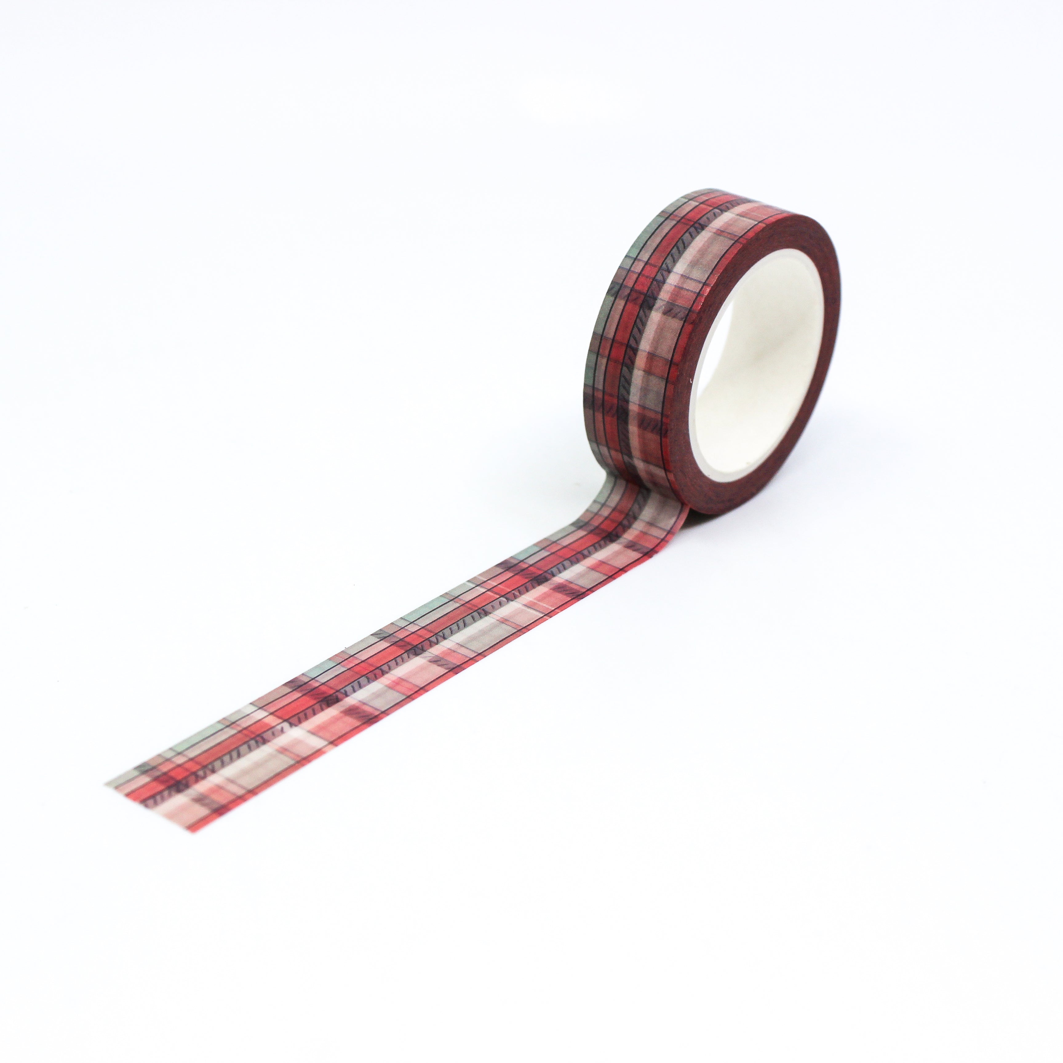This is a full pattern repeat view of stripe and red plaid washi tape from BBB Supplies Craft Shop
