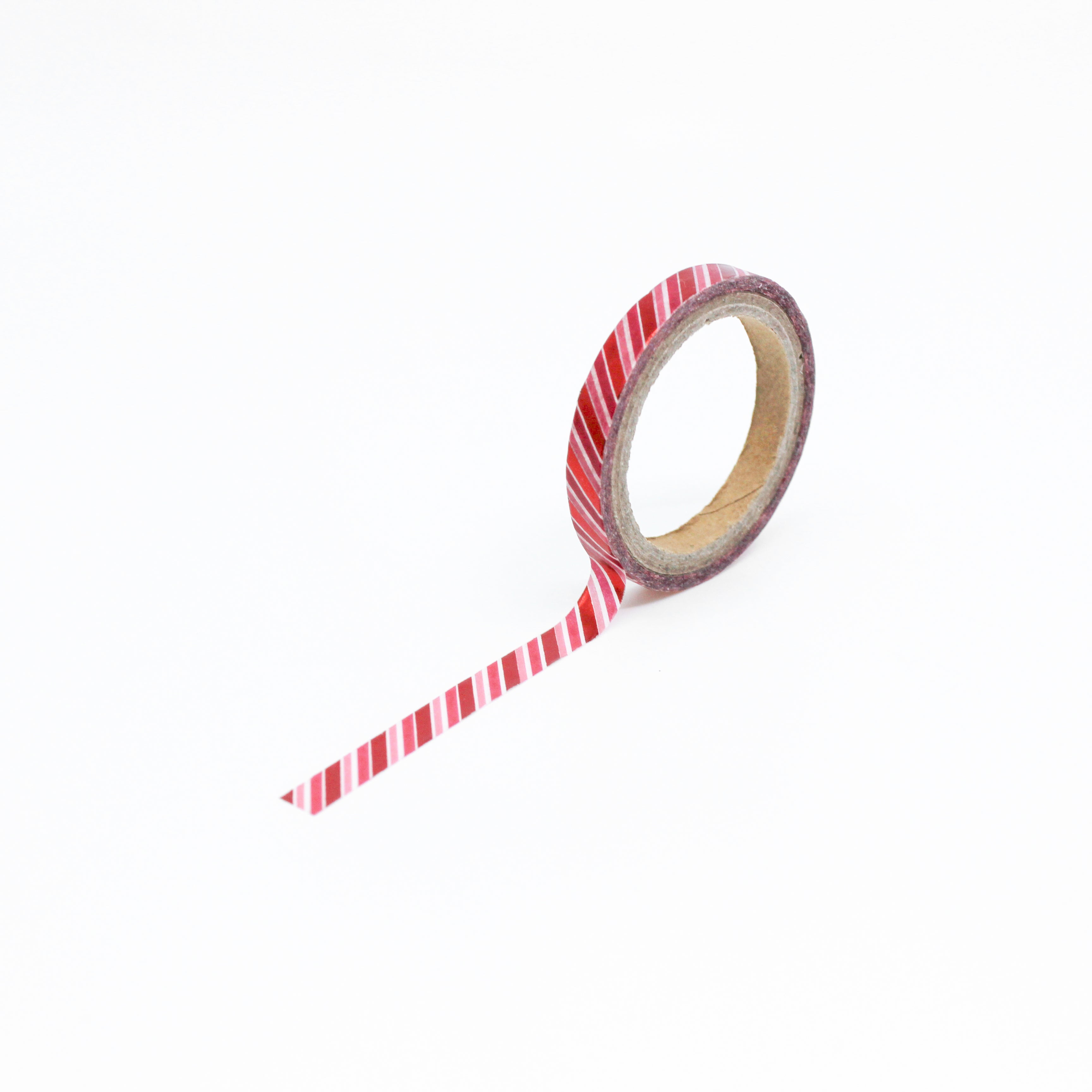 This is a full pattern repeat view of red stripe foil themed washi tape from BBB Supplies Craft Shop