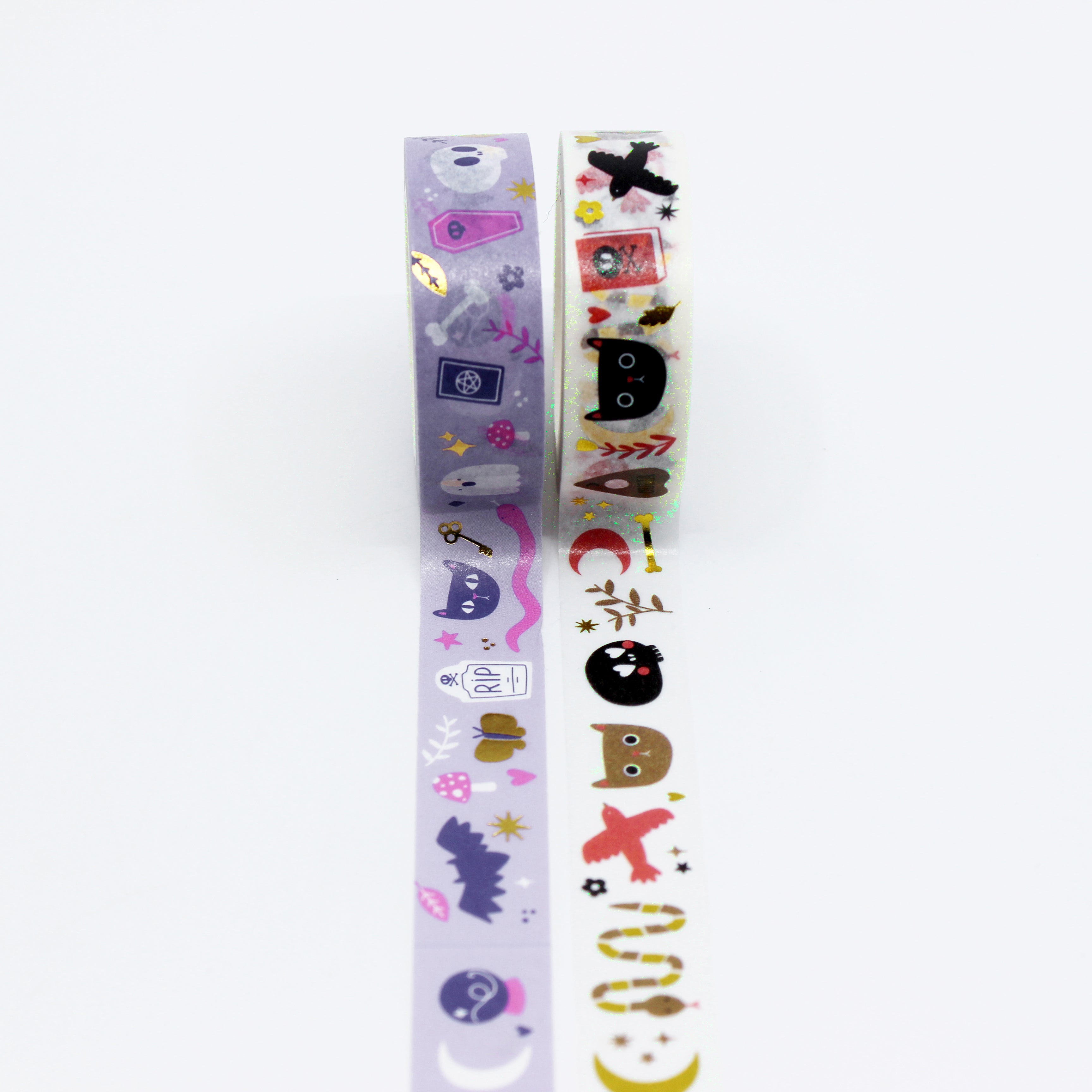This photo shows you two patterns of our New age mystical spiritual washi tape. It has symbols including spell book, fortune tellers ball, snake, and crescent moon. This tape is designed by Nutmeg and Arlo and available at BBB Supplies Craft Shop.