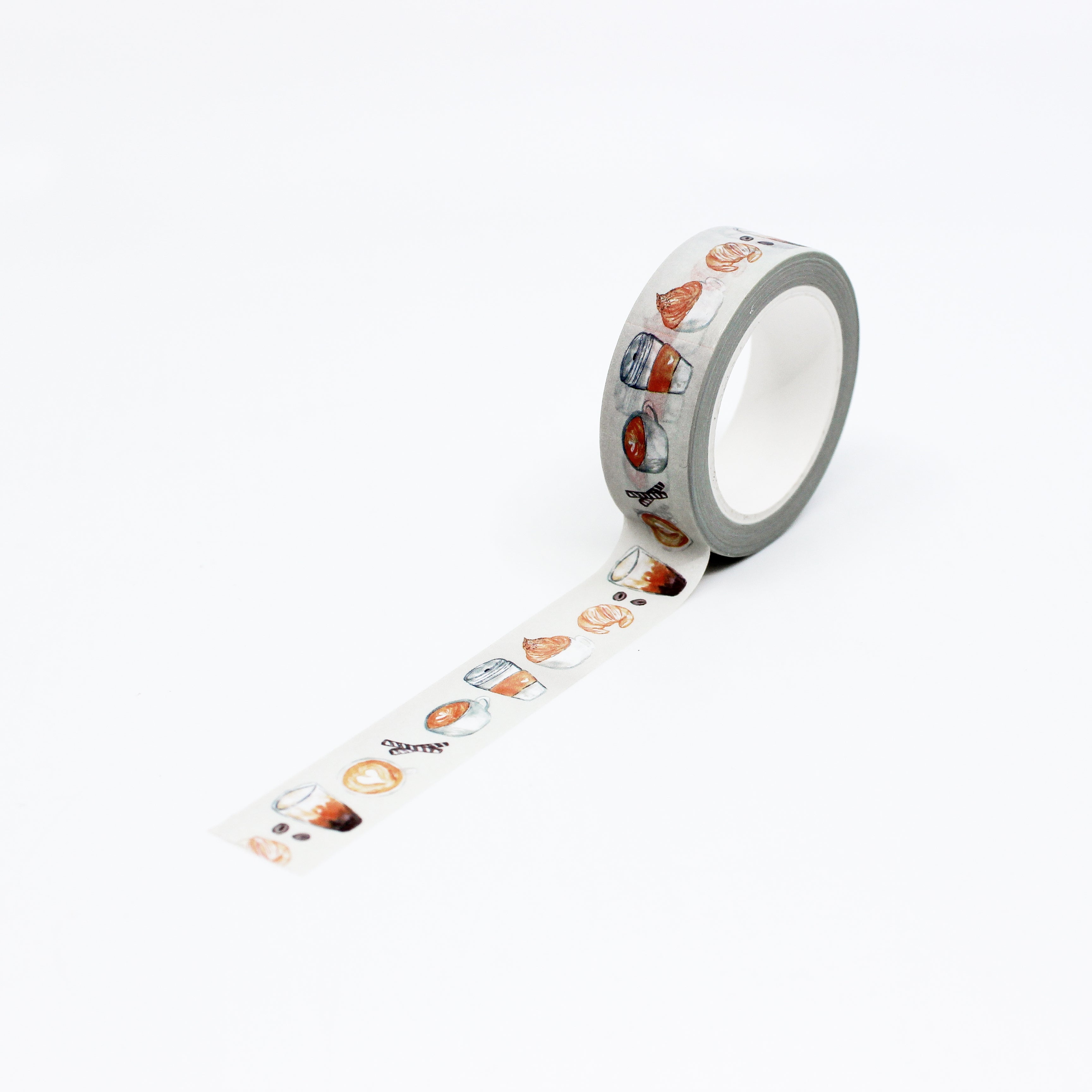 This is a full pattern repeat view of brown and cute coffee lover themed washi tape from BBB Supplies Craft Shop