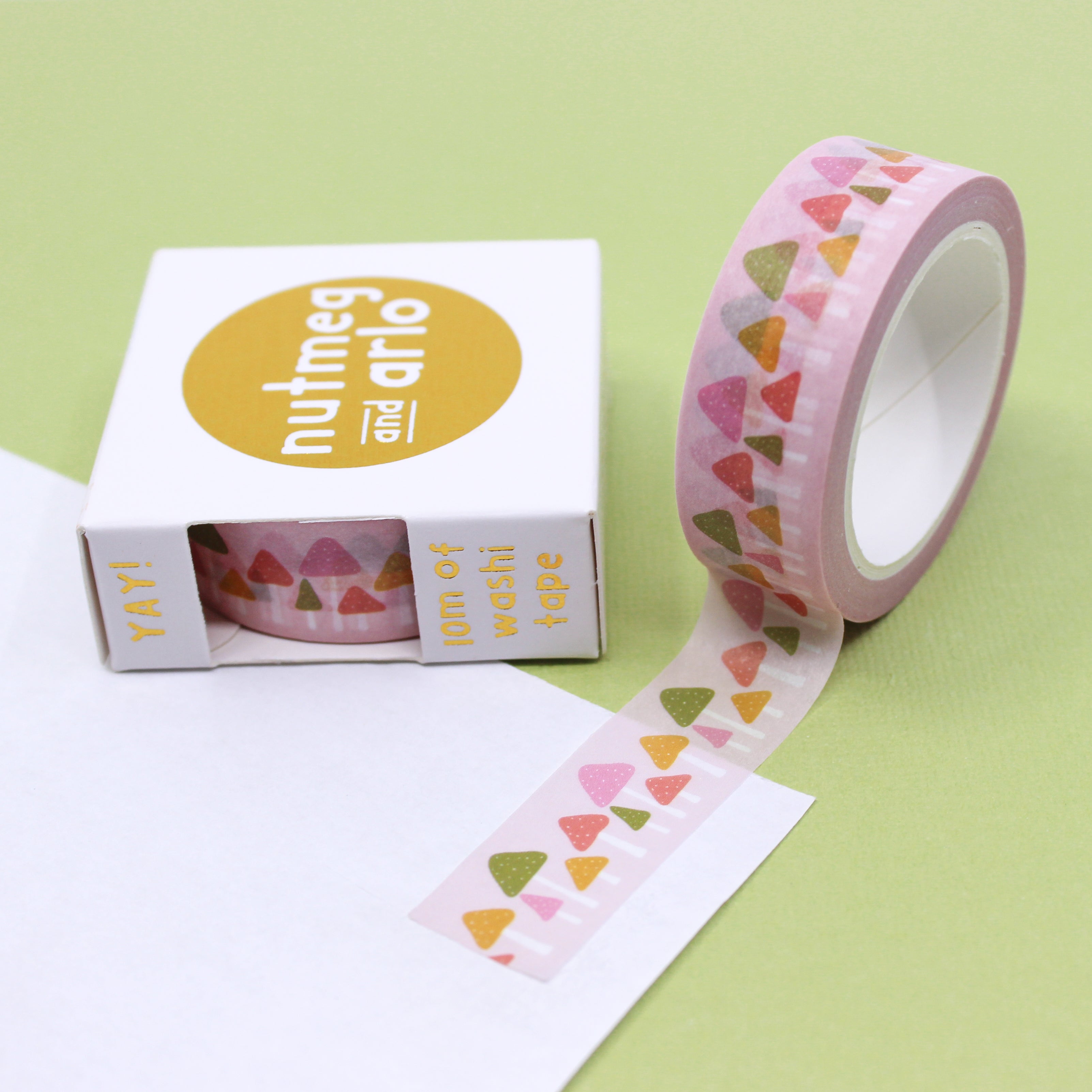 This is a photo of a cute pastel toadstool mushroom washi tape with sweet candy colors from BBB Supplies Craft Shop.