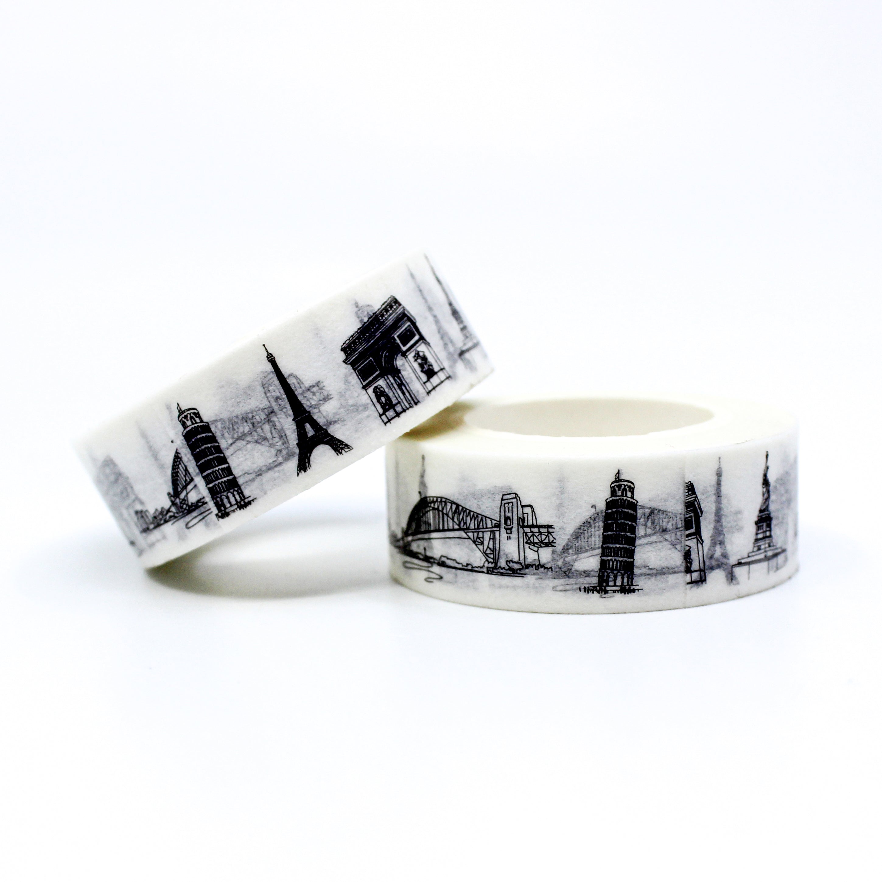 This a black and white wonders of the world tourist destination pattern washi tape for Journal Supplies, Scrapbooking washi tapes from BBB Supplies Craft Shop