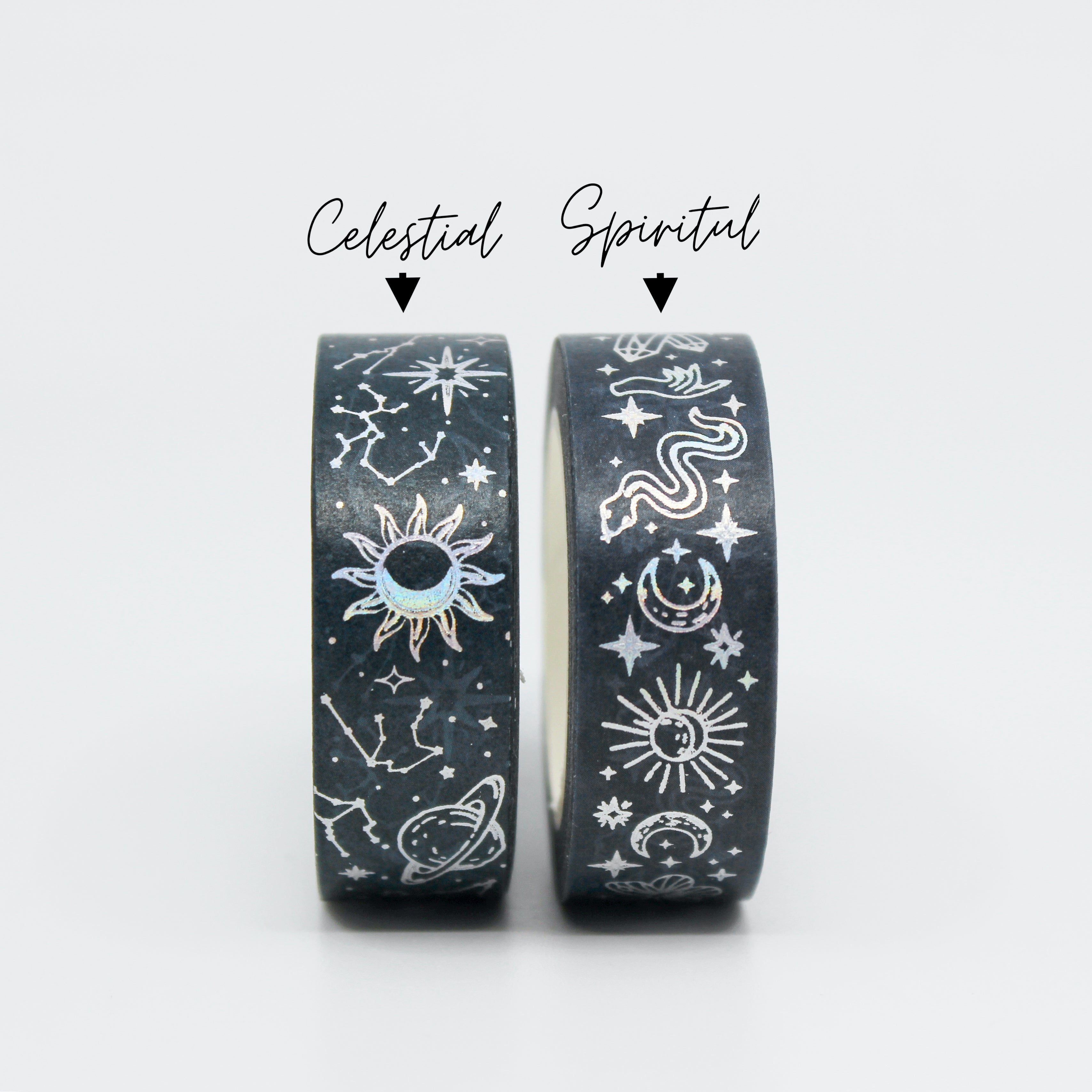 This is a photo of silver foil spiritual symbols and celestial symbols washi tape from BBB Supplies Craft Shop