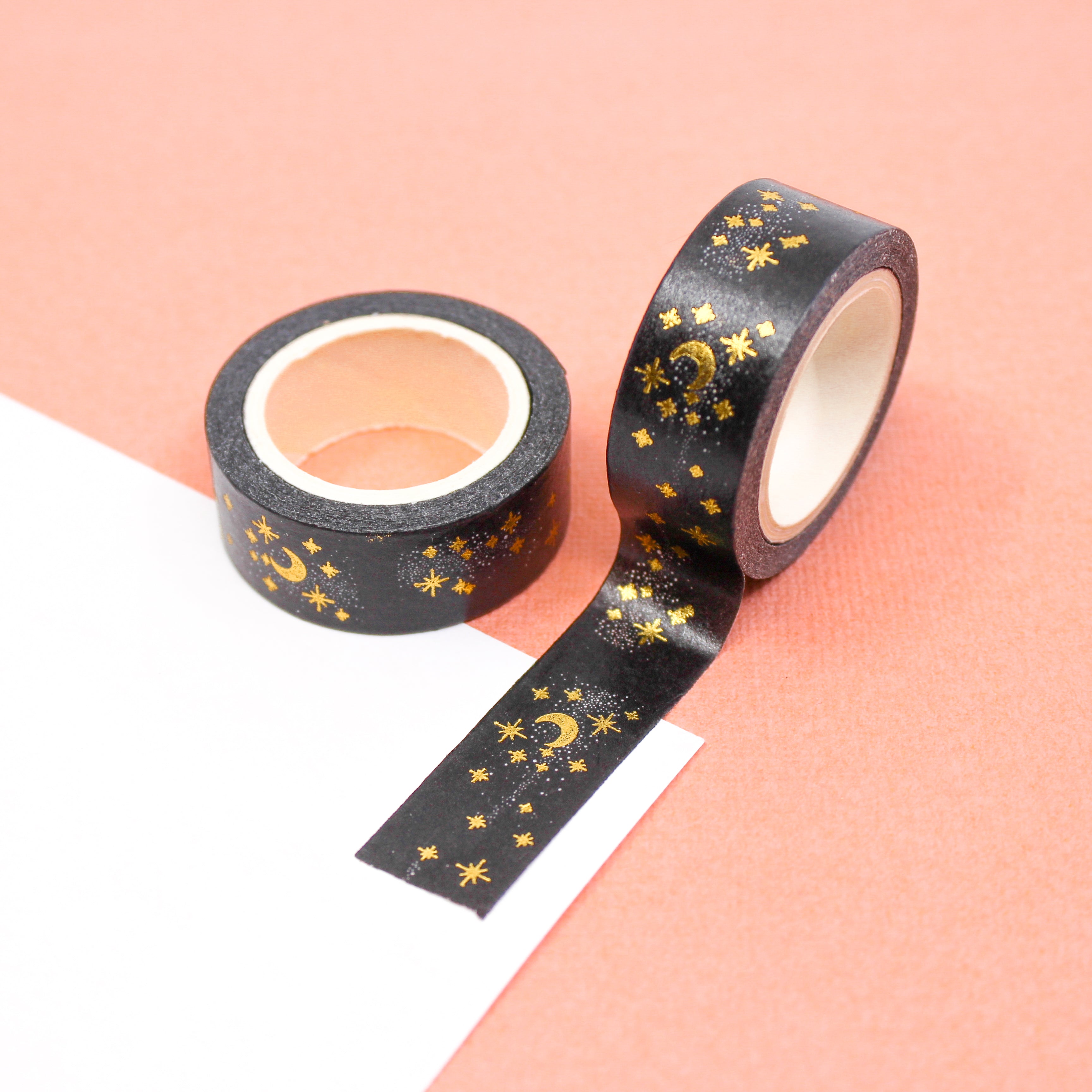 This is black and gold foil moon and star Washi Tape from BBB Supplies Craft Shop