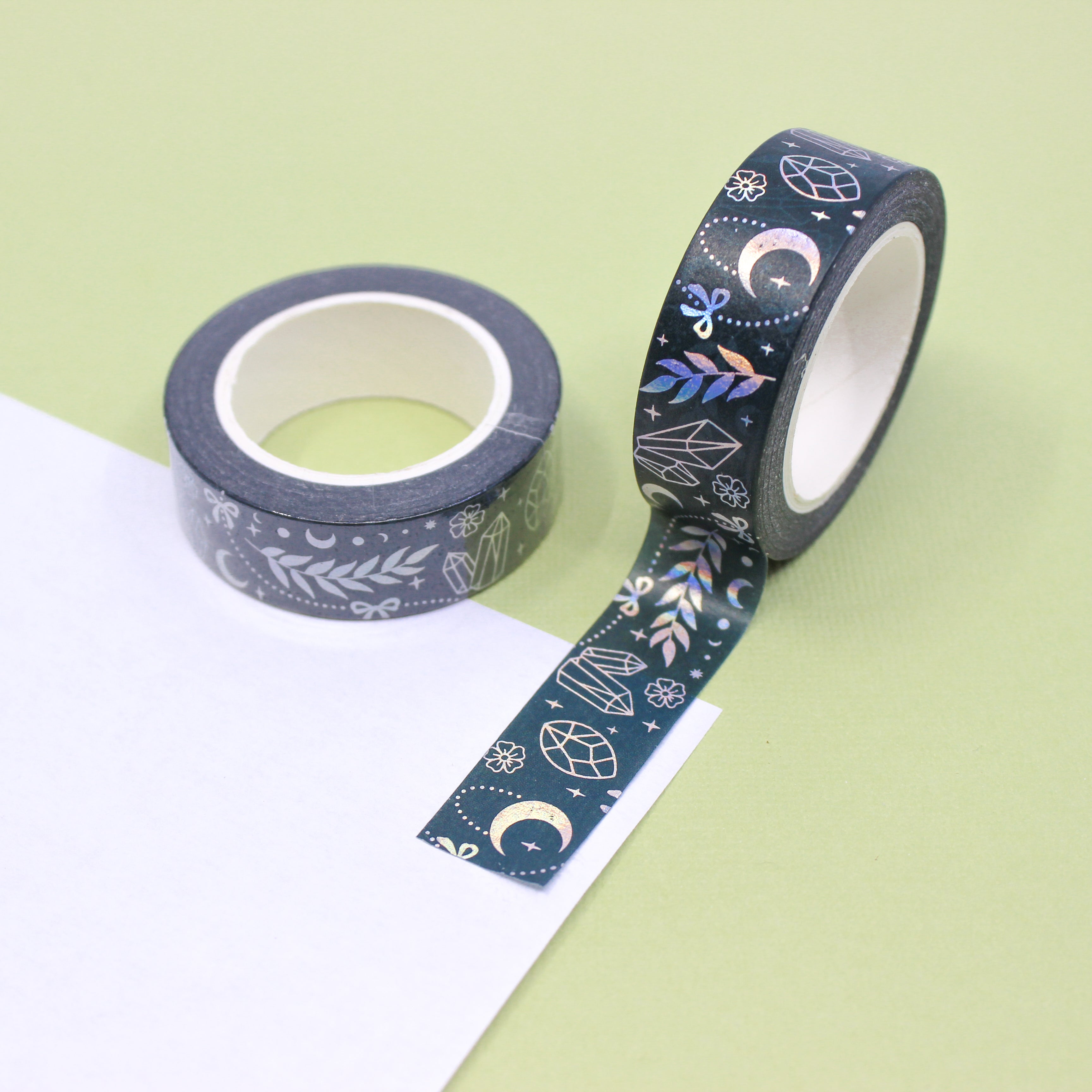 This is silver crystals and celestial points mystical symbols pattern washi tape from BBB Supplies Craft Shop