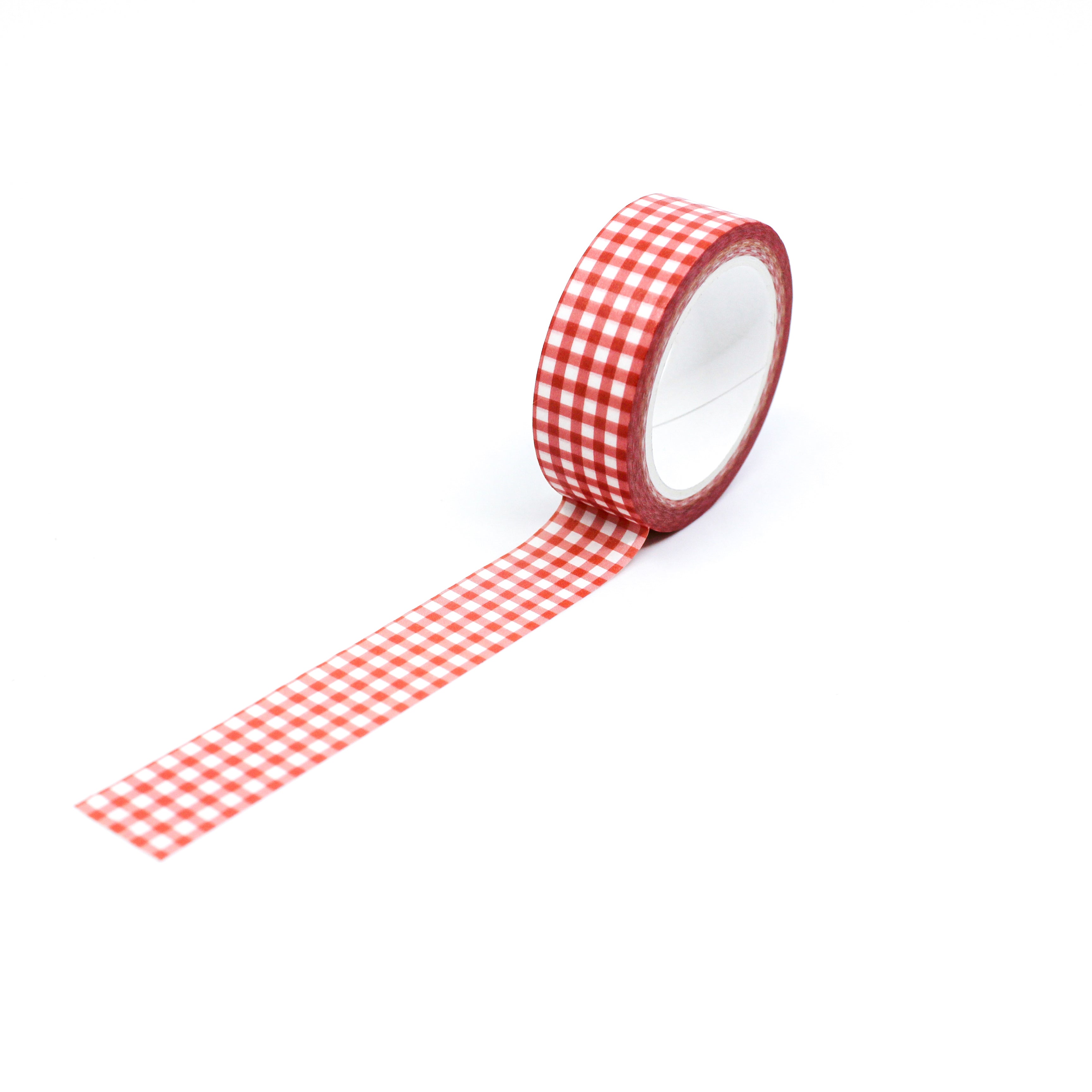 This is a full pattern repeat view of red gingham plaid washi tape from BBB Supplies Craft Shop