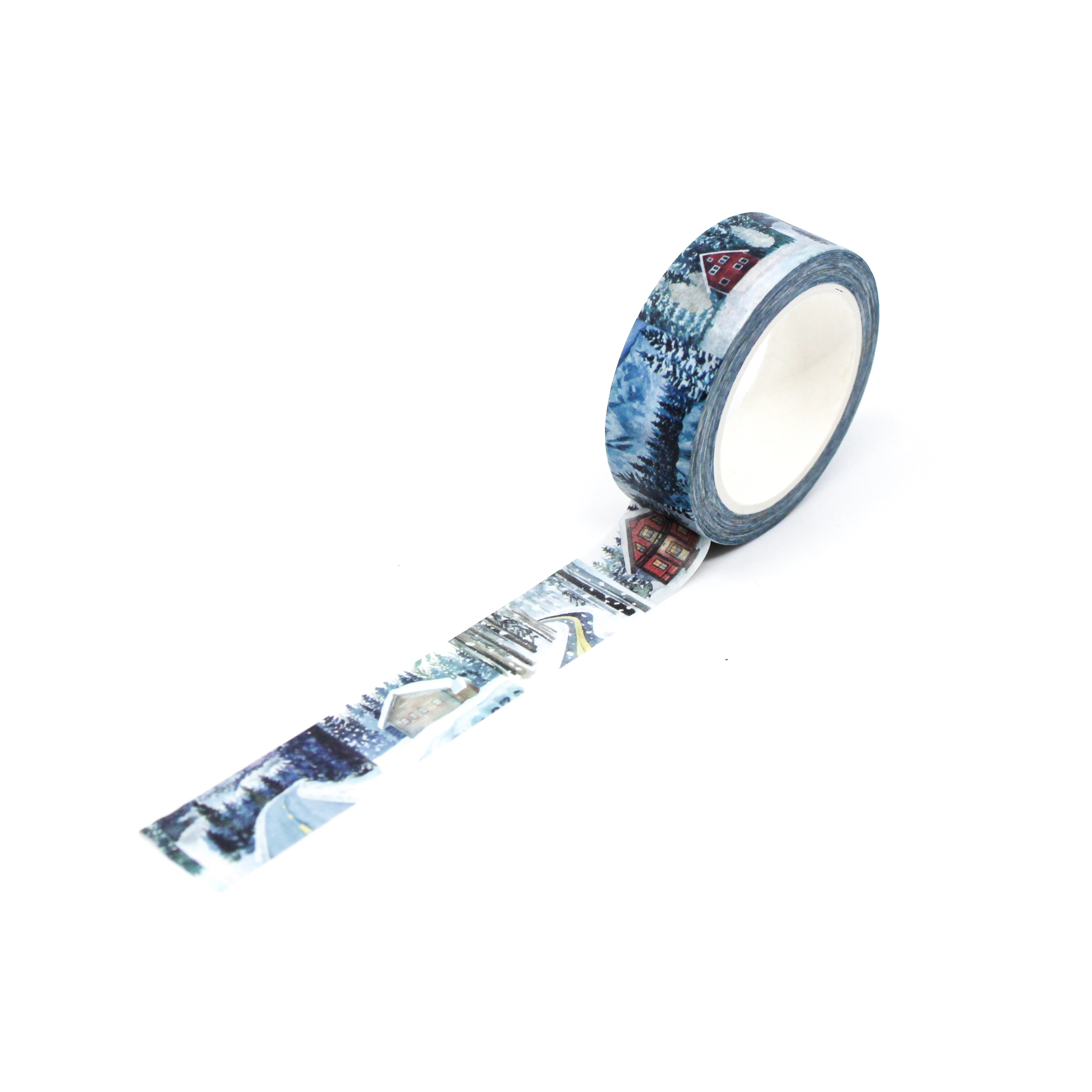 This is a full pattern repeat view of blue winter landscape washi tape from BBB Supplies Craft Shop