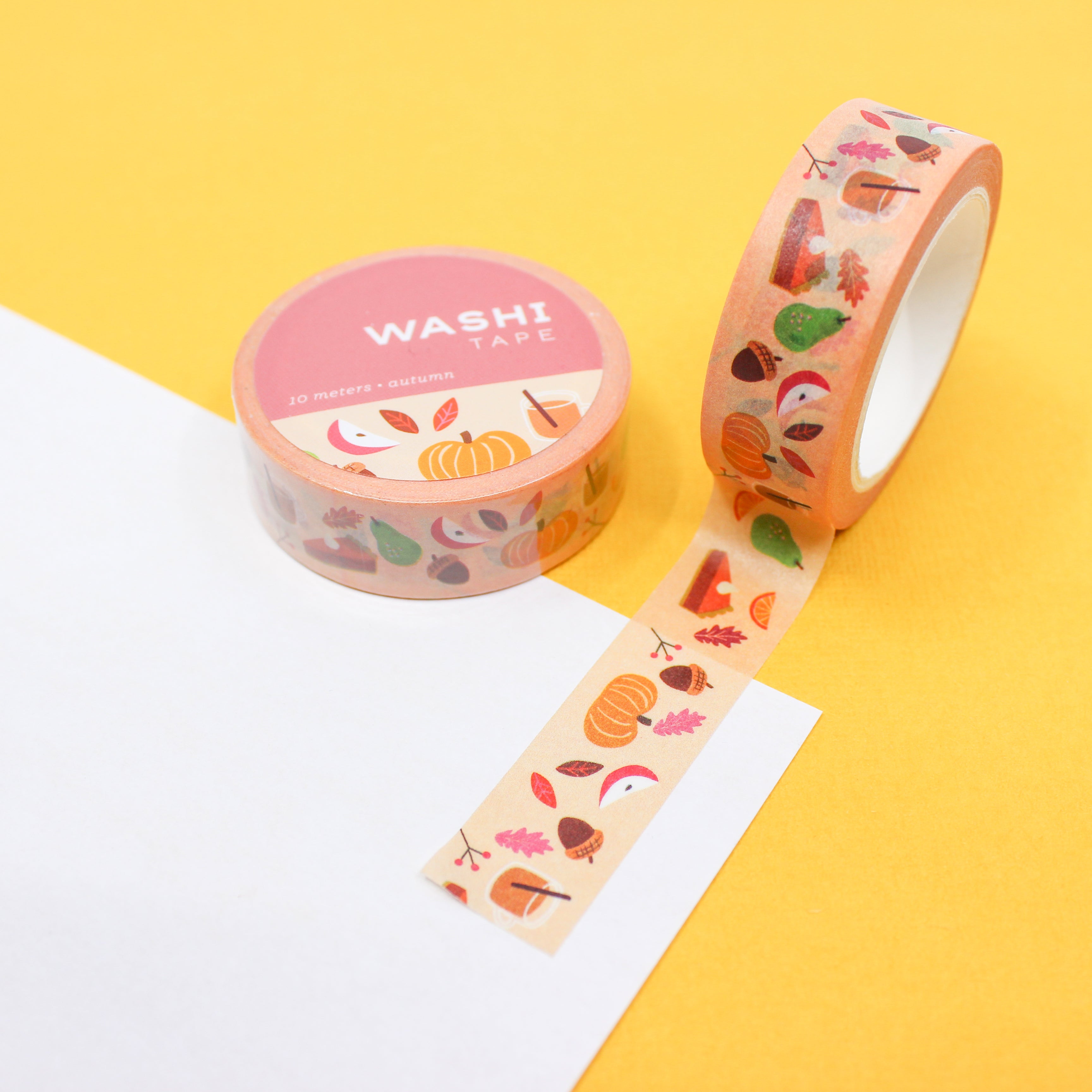 This tape is fun fall symbols of pumpkin themed items such as, pumpkin spice latte, pumpkin pie, fall leafs, apples, and fall fruit washi tape. It is great addition to your Thanksgiving holiday spread.