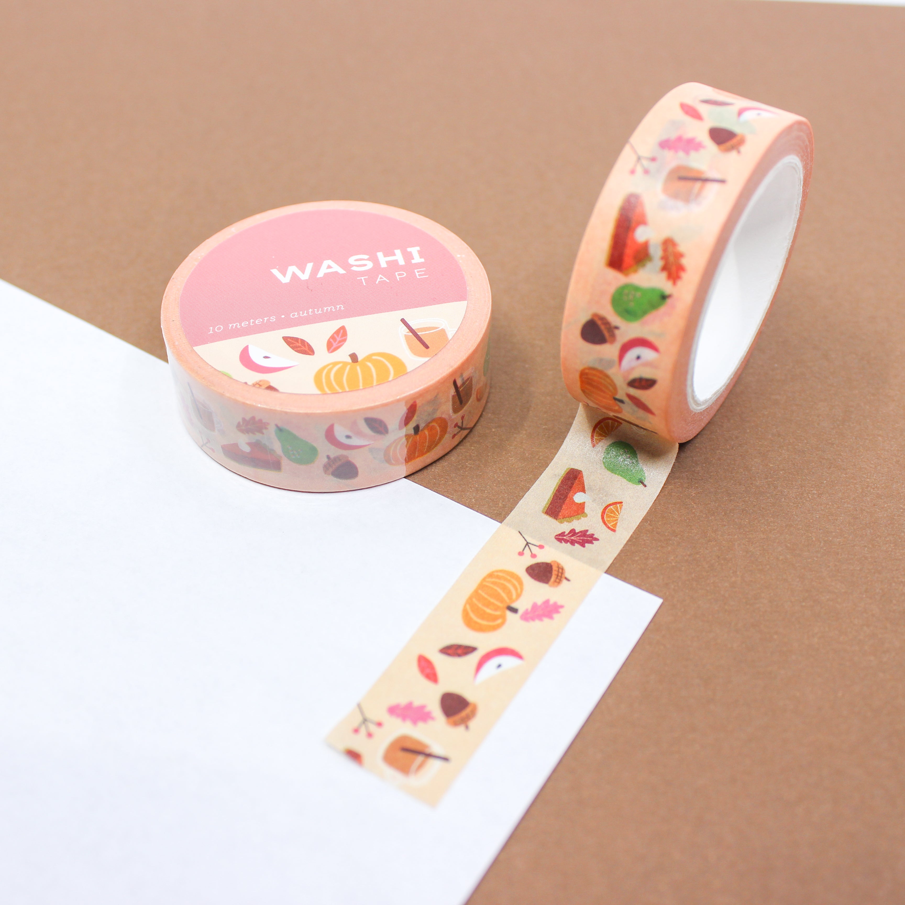 This tape is fun fall symbols of pumpkin themed items such as, pumpkin spice latte, pumpkin pie, fall leafs, apples, and fall fruit washi tape. It is great addition to your Autumn spread.