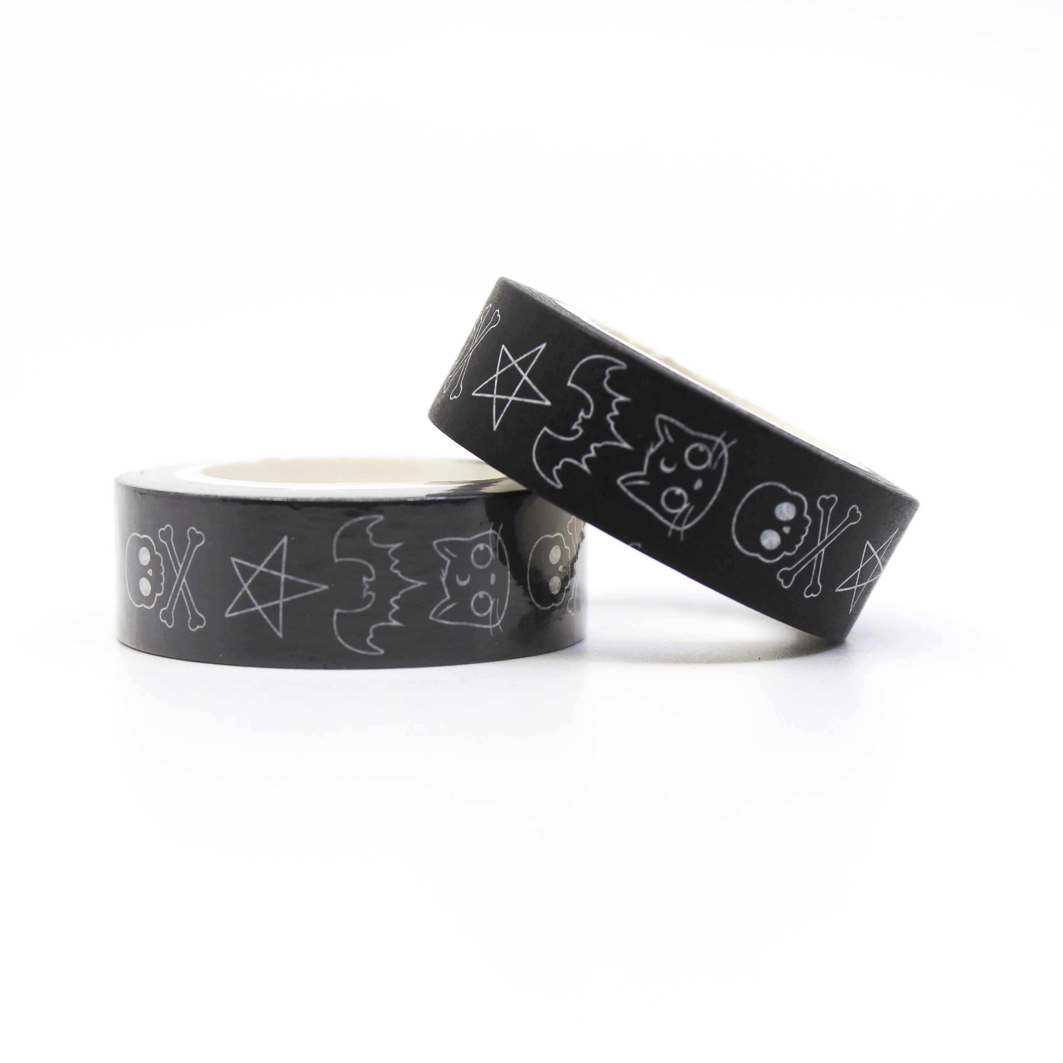 BLACK AND WHITE GRAPHIC HALLOWEEN SYMBOLS, INCLUDING BLACK CATS, BAT, SKULL AND CROSS BONES, AND HALLOWEEN STAR PENTAGRAM. | BULLET OURNAL AND JOURNALING WASHI TAPE | BBB SUPPLIES CRAFT SUPPLIES