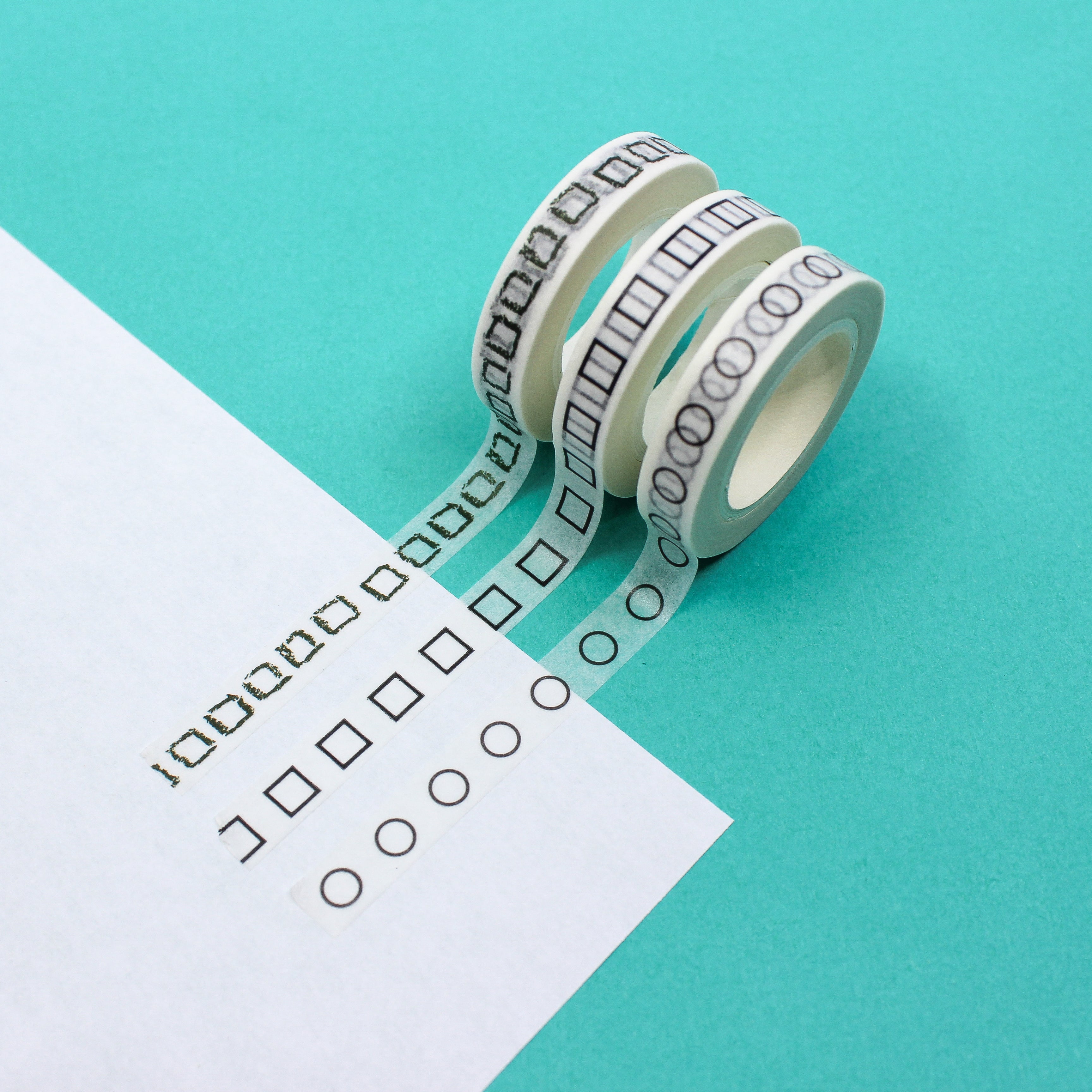 This is a photo of BBB Supplies Check list washi tape collection which includes a circle check mark, a square check box, and a handdrawn box for a check list.