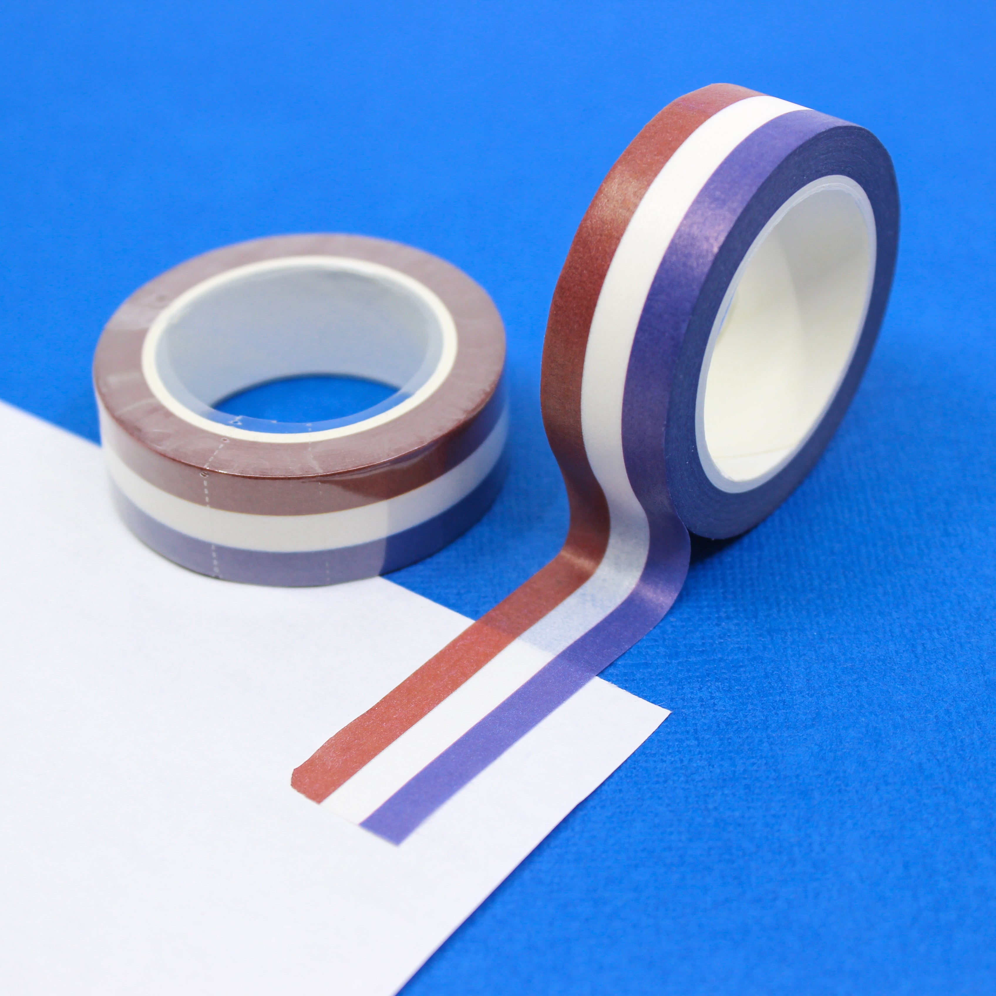 This is a red, blue and white horizontal stripe view themed washi tape from BBB Supplies Craft Shop