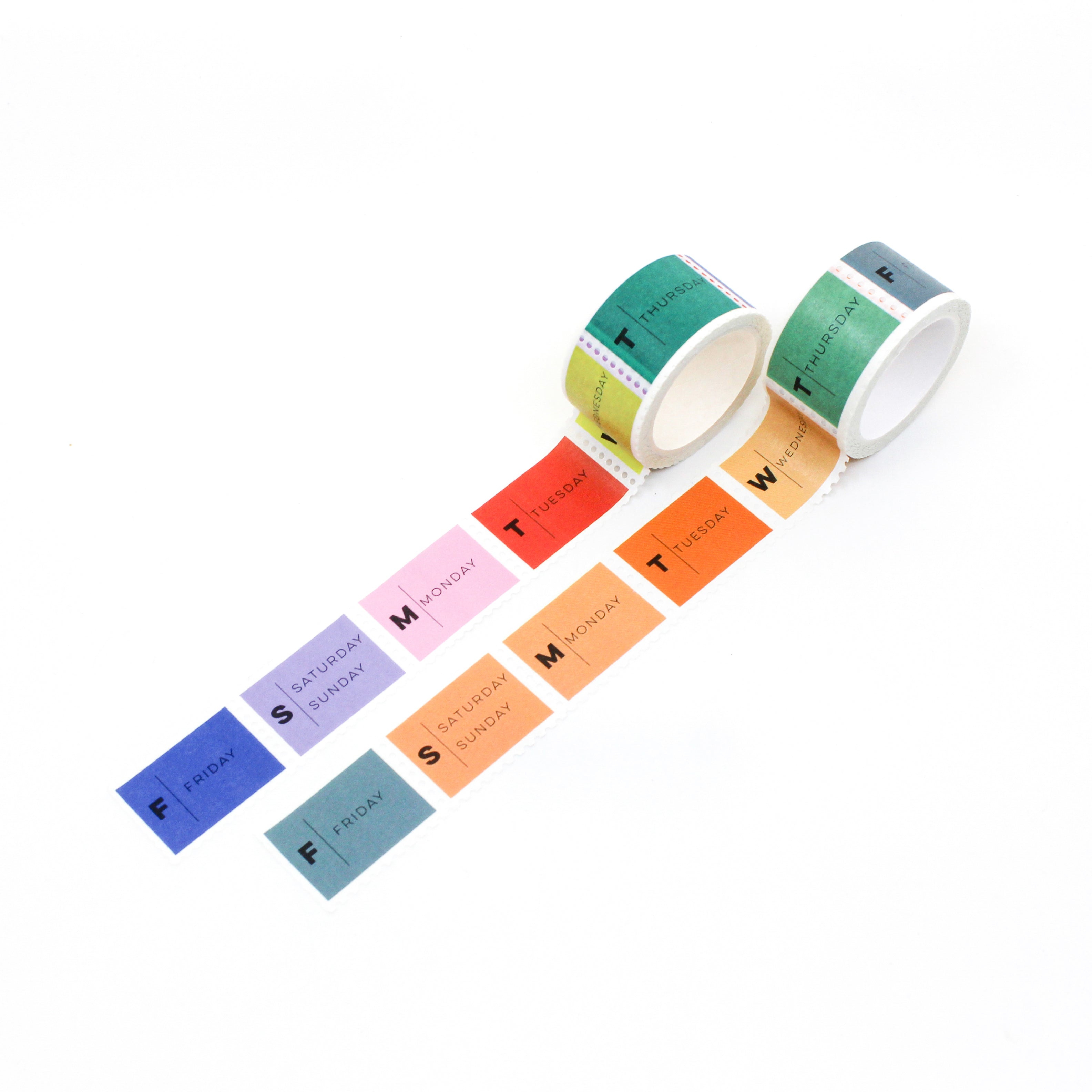 This is a view of pastel and primary color days of the week stamps washi tape from BBB Supplies Craft Shop