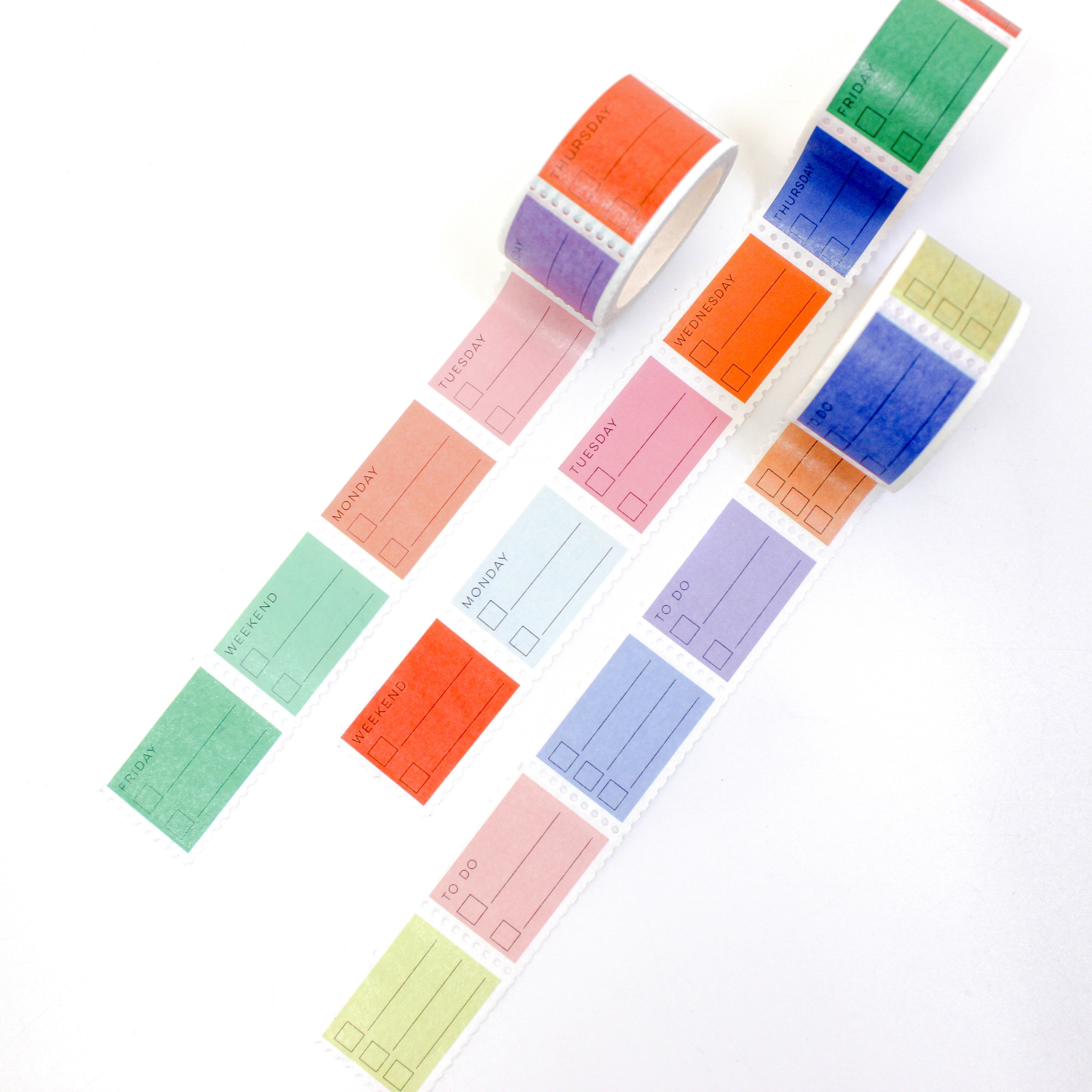 This is a view of pastel and primary color to do list days of the week stamps washi tape from BBB Supplies Craft Shop