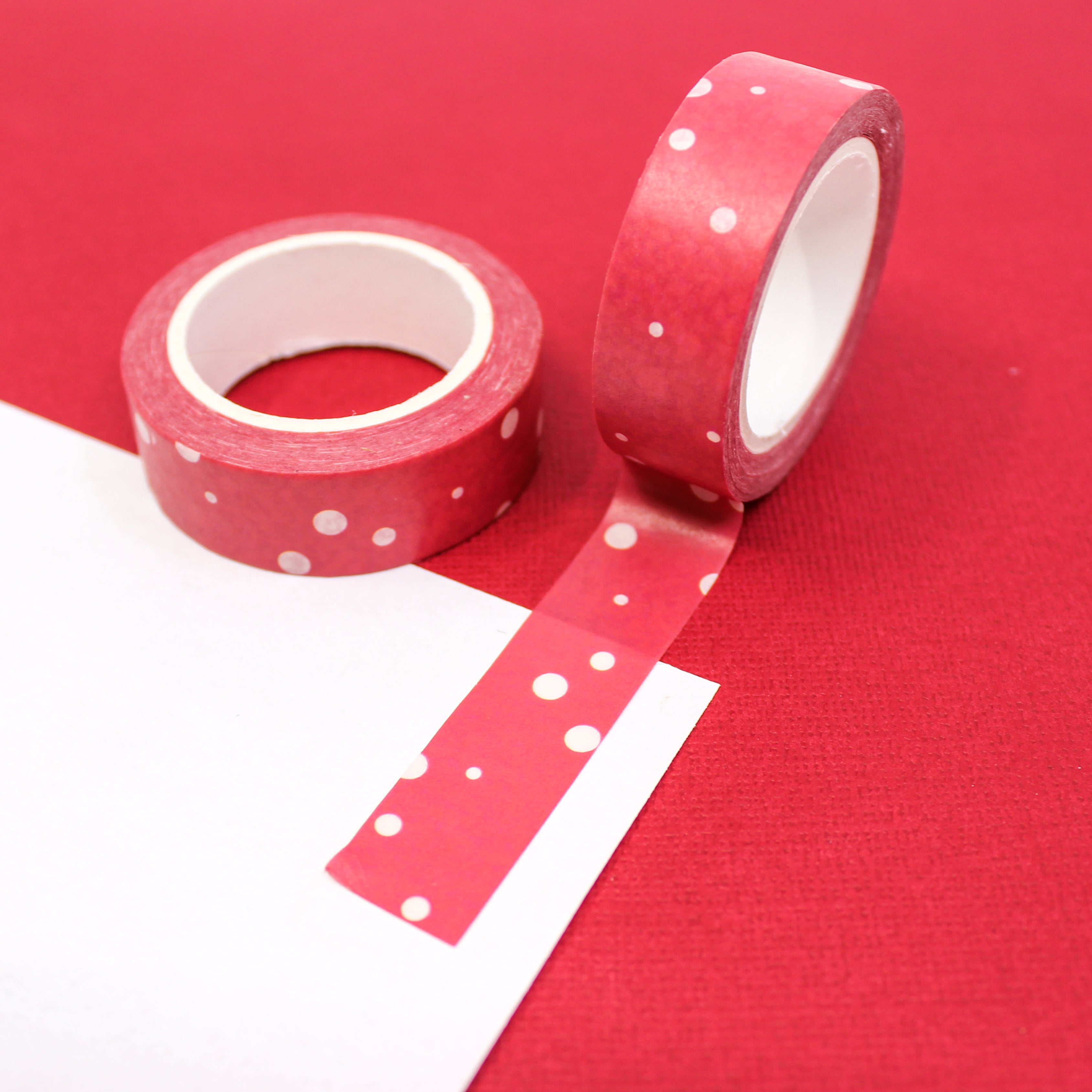 This is a white snow dots in red washi tape from BBB Supplies Craft Shop
