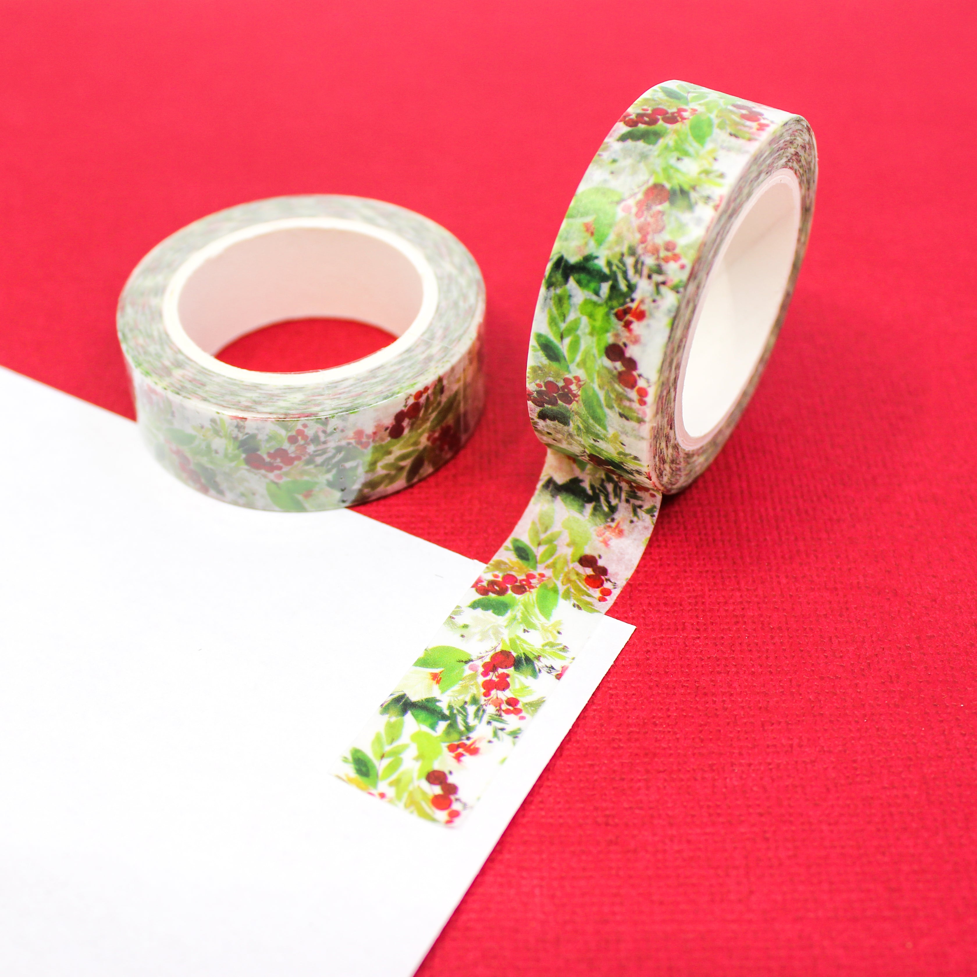 This is a red berries, green leaves Holly sprigs washi tape from BBB Supplies Craft Shop